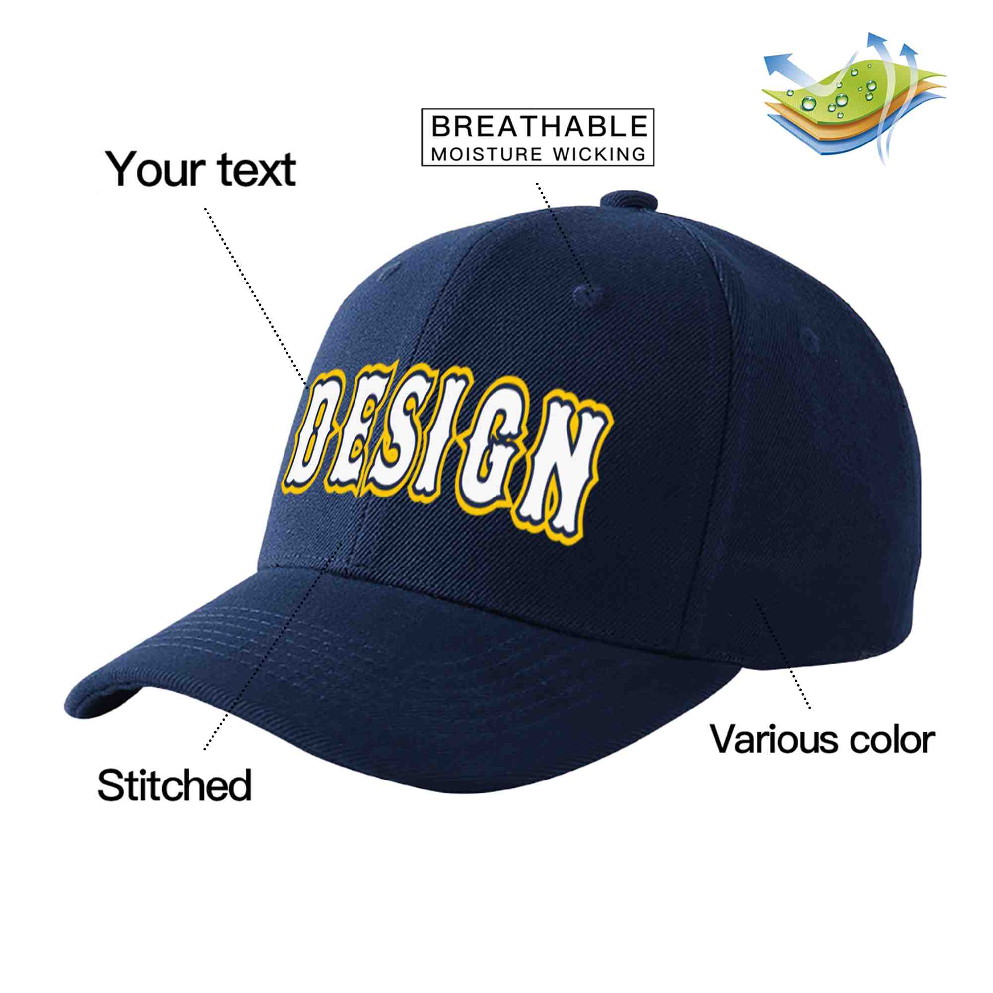 Custom Navy White-Navy Curved Eaves Sport Design Baseball Cap