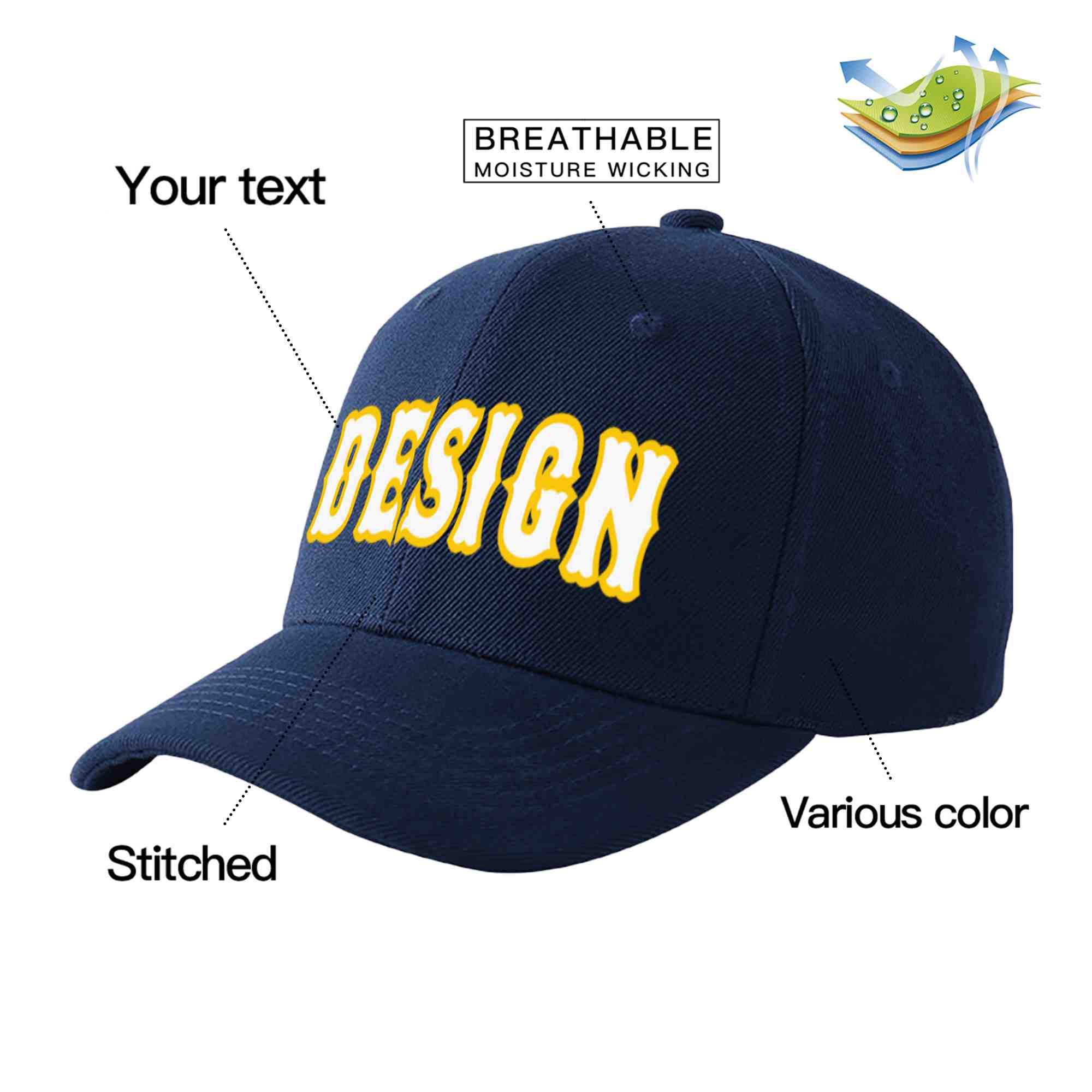 Custom Navy White-Gold Curved Eaves Sport Design Baseball Cap