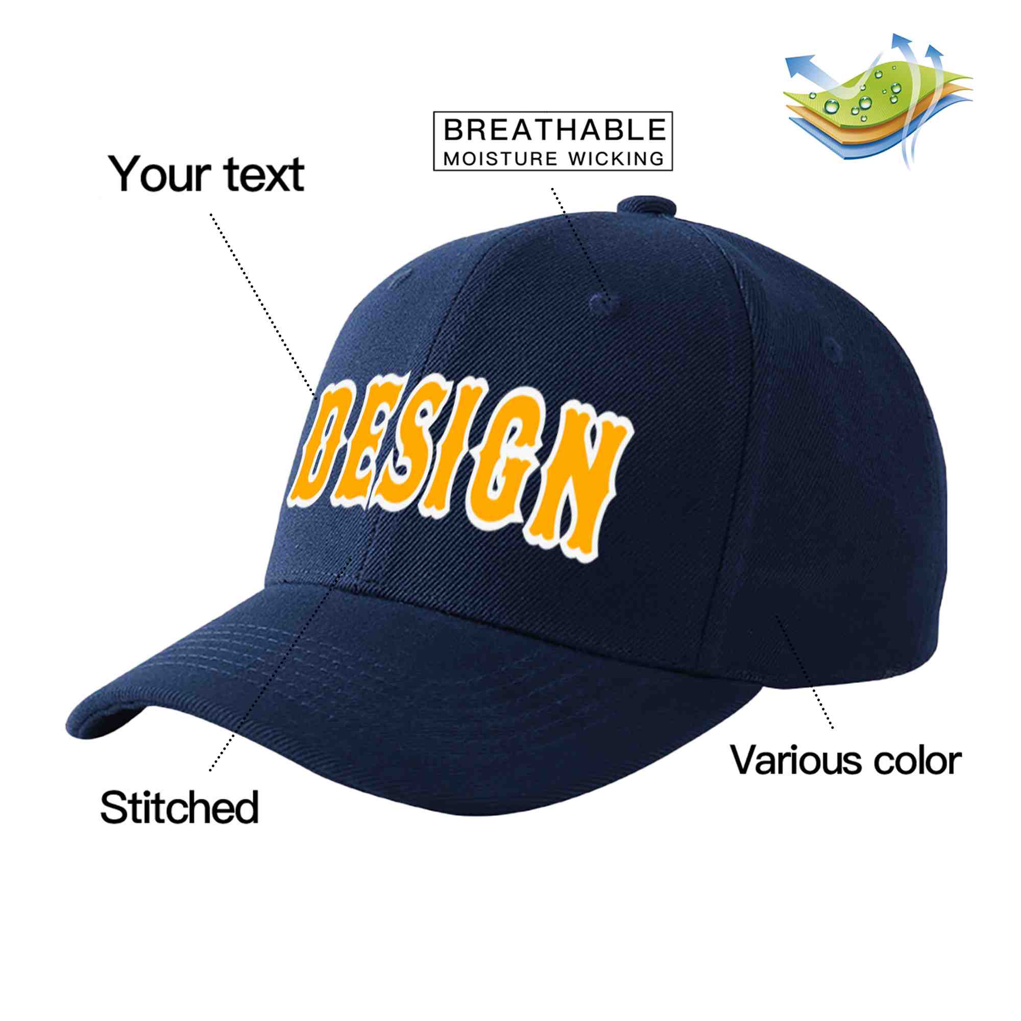 Custom Navy Yellow-White Curved Eaves Sport Design Baseball Cap