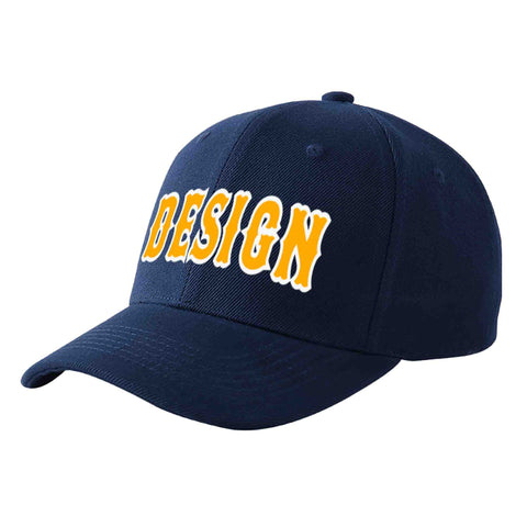 Custom Navy Yellow-White Curved Eaves Sport Design Baseball Cap