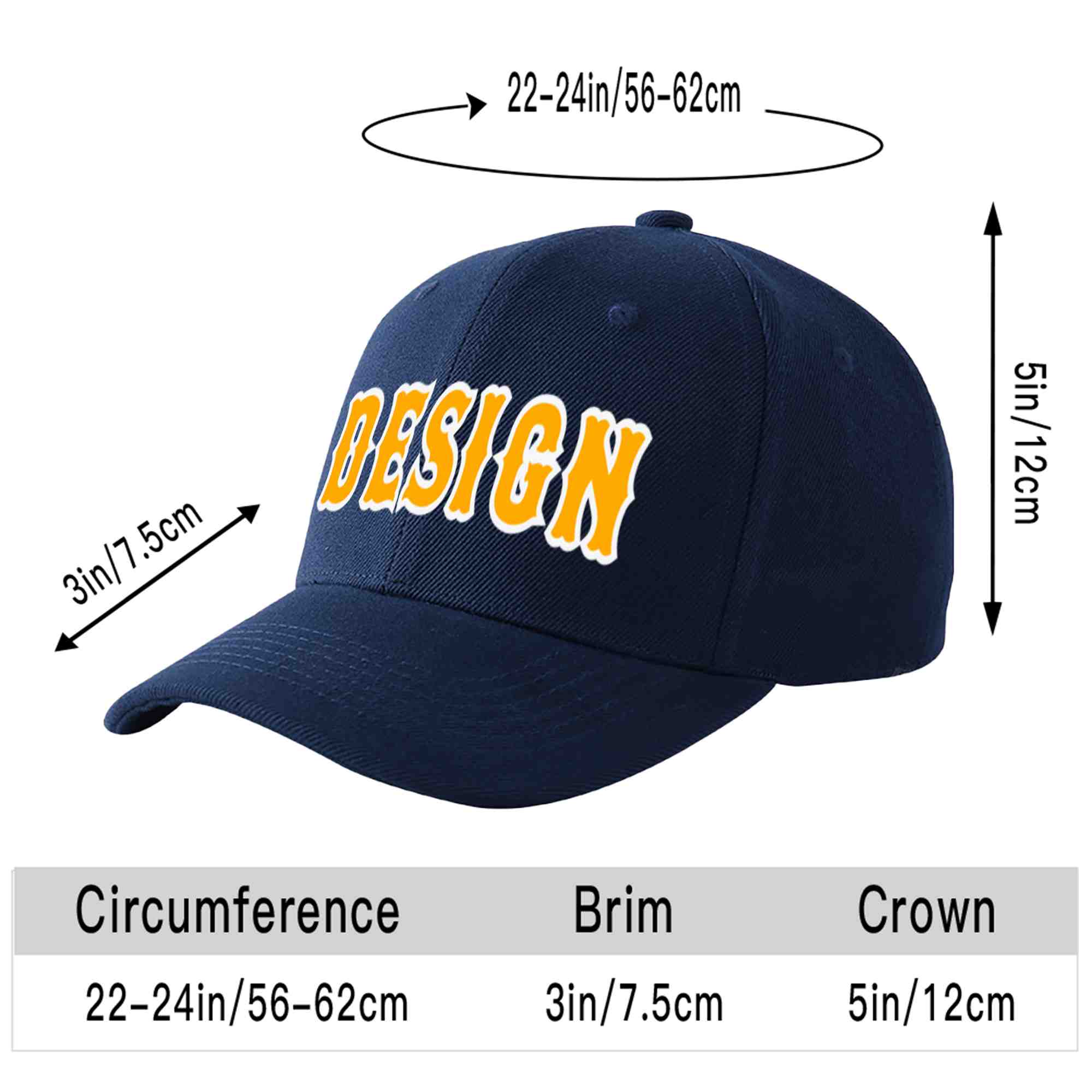 Custom Navy Yellow-White Curved Eaves Sport Design Baseball Cap