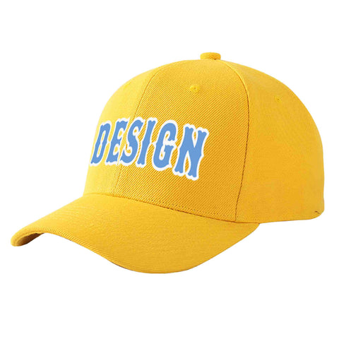 Custom Gold Light Blue-White Curved Eaves Sport Design Baseball Cap