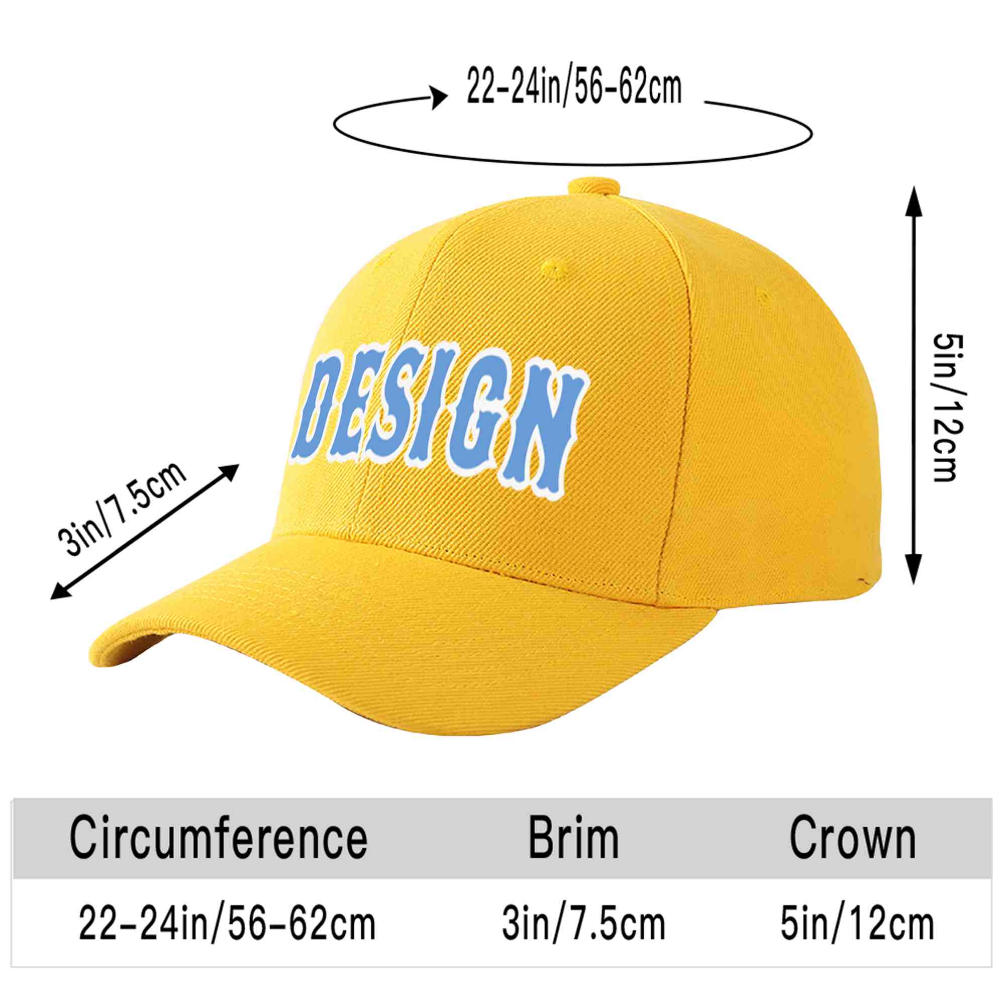 Custom Gold Light Blue-White Curved Eaves Sport Design Baseball Cap