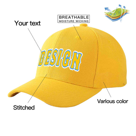 Custom Gold Gold-Powder Blue Curved Eaves Sport Design Baseball Cap