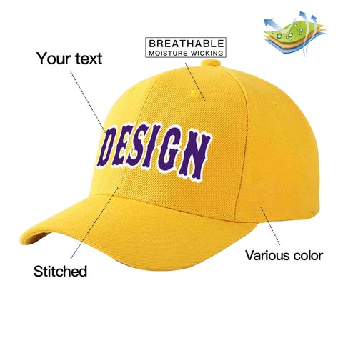 Custom Gold Purple-White Curved Eaves Sport Design Baseball Cap