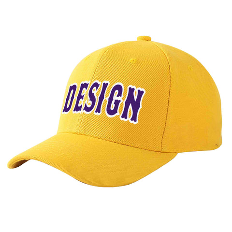 Custom Gold Purple-White Curved Eaves Sport Design Baseball Cap