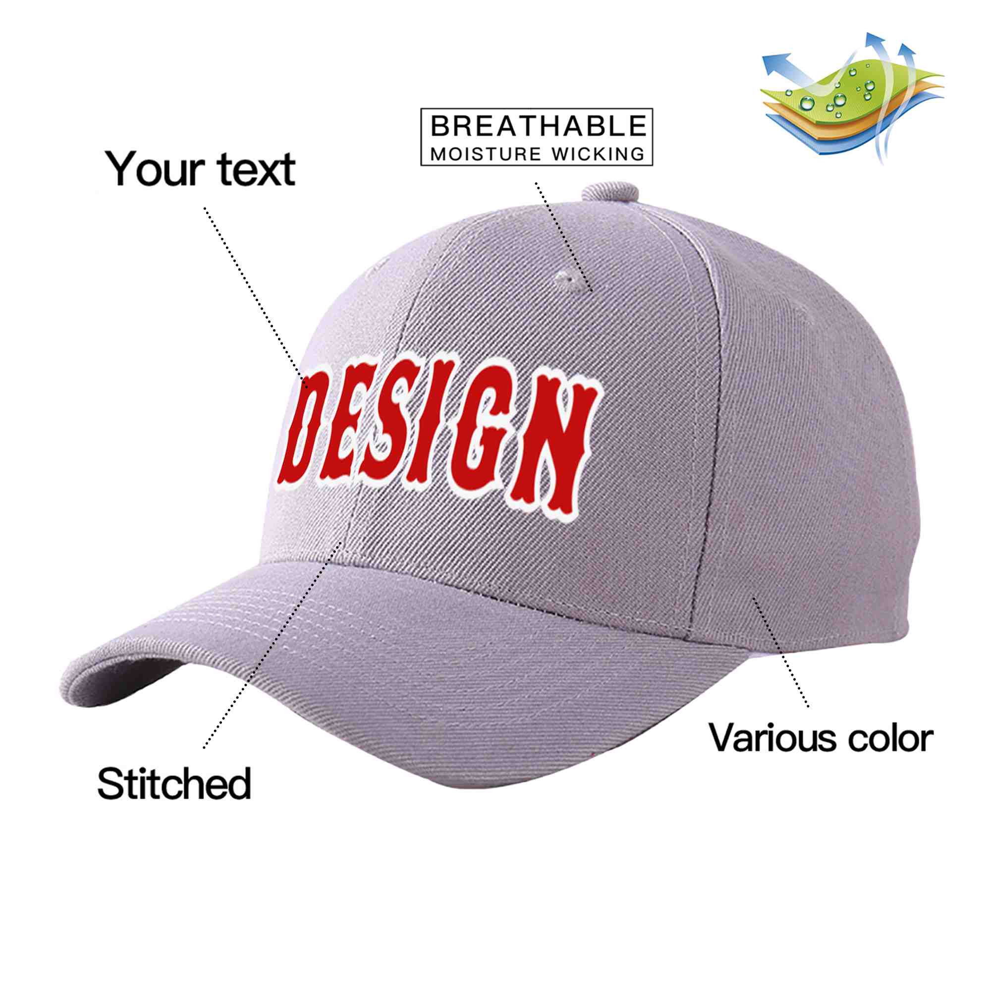 Casquette de baseball incurvée personnalisée gris rouge-blanc avec avant-toit