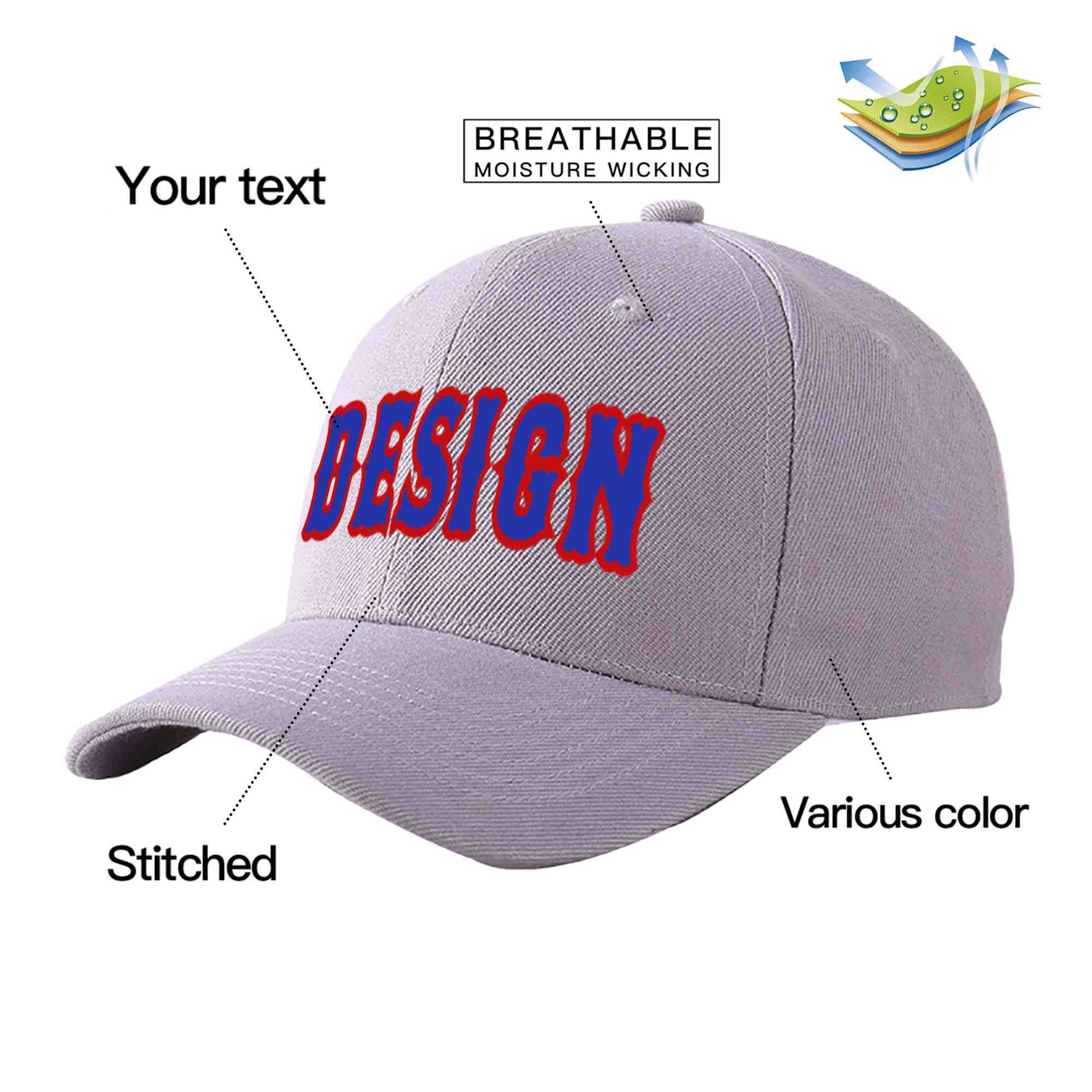 Custom Gray Royal-Red Curved Eaves Sport Design Baseball Cap