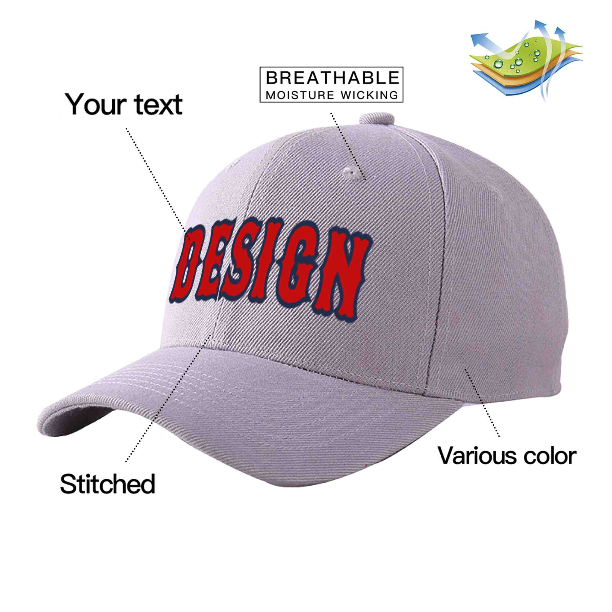 Casquette de baseball courbée Eaves Sport Design personnalisée gris rouge-marine