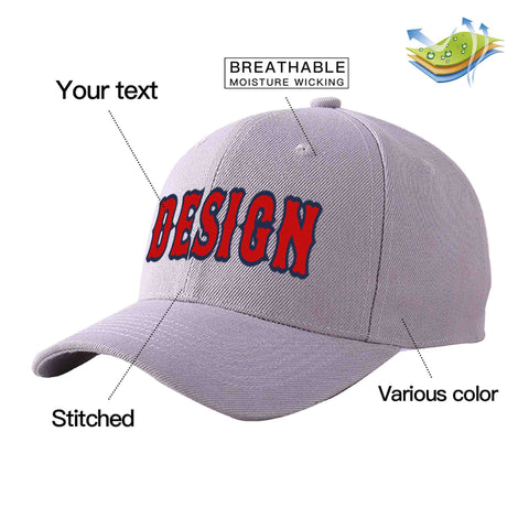 Custom Gray Red-Navy Curved Eaves Sport Design Baseball Cap