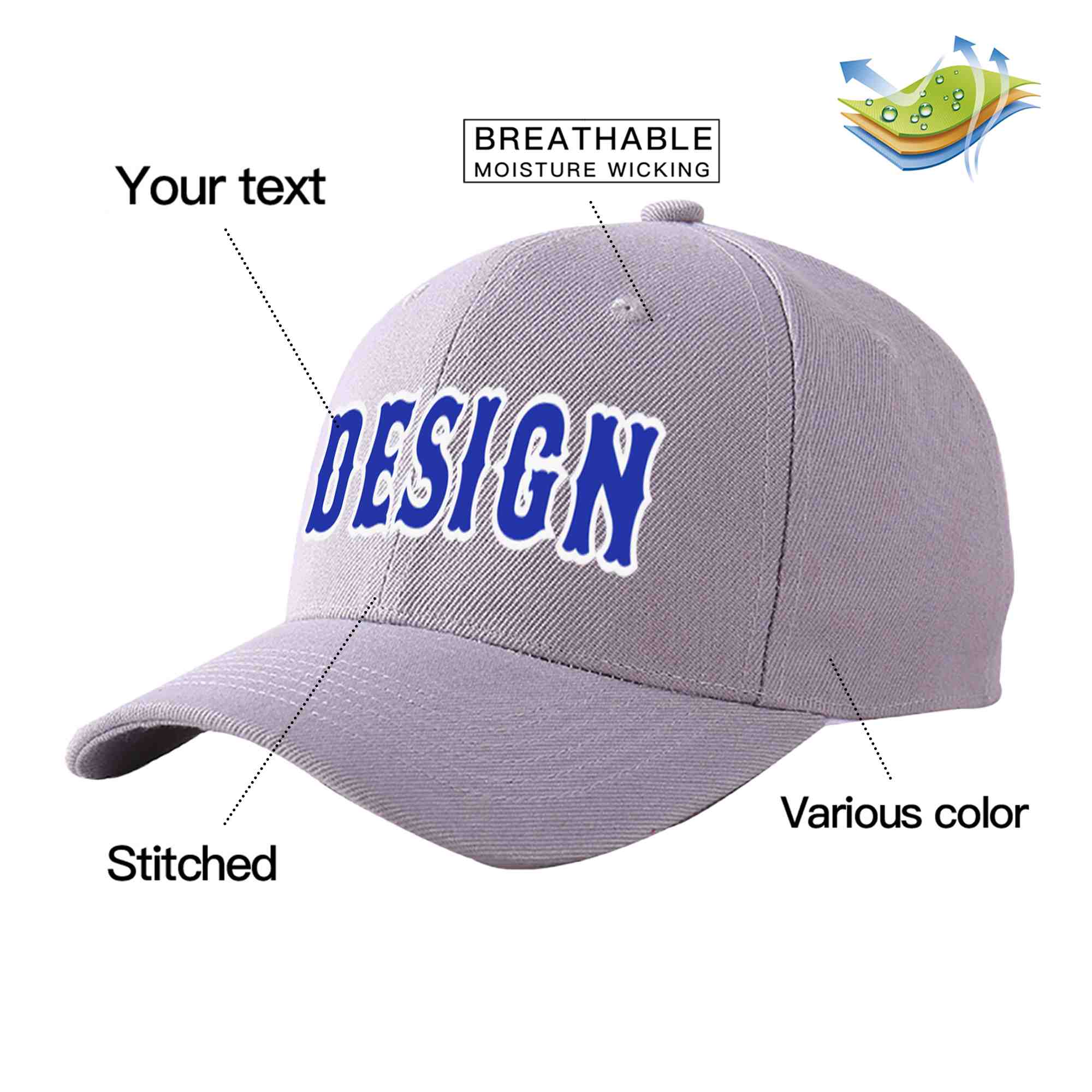 Casquette de baseball personnalisée gris royal-blanc courbé Eaves Sport Design