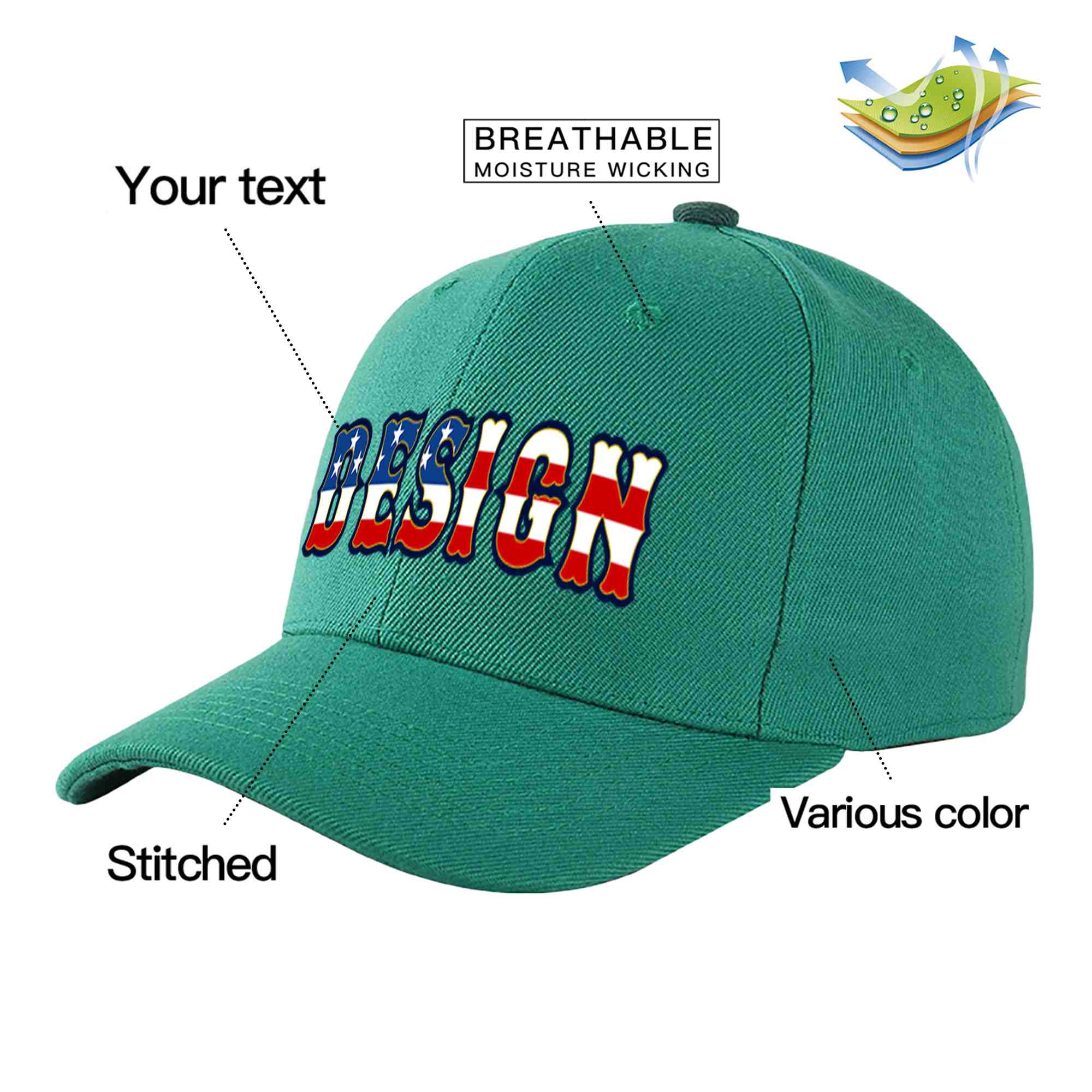 Custom Light Green Vintage USA Flag-Gold Curved Eaves Sport Design Baseball Cap