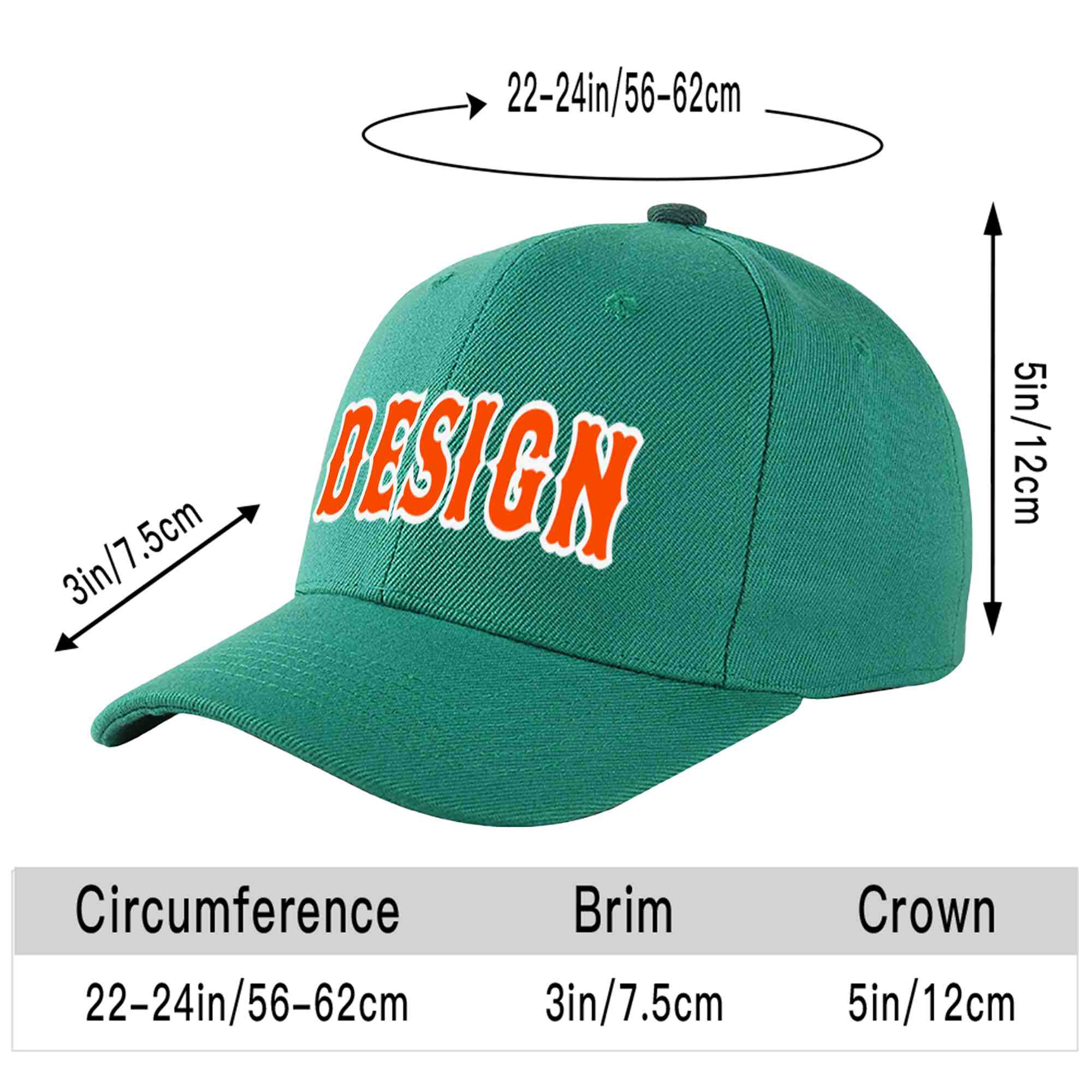 Casquette de baseball incurvée personnalisée vert clair orange-blanc avec avant-toit