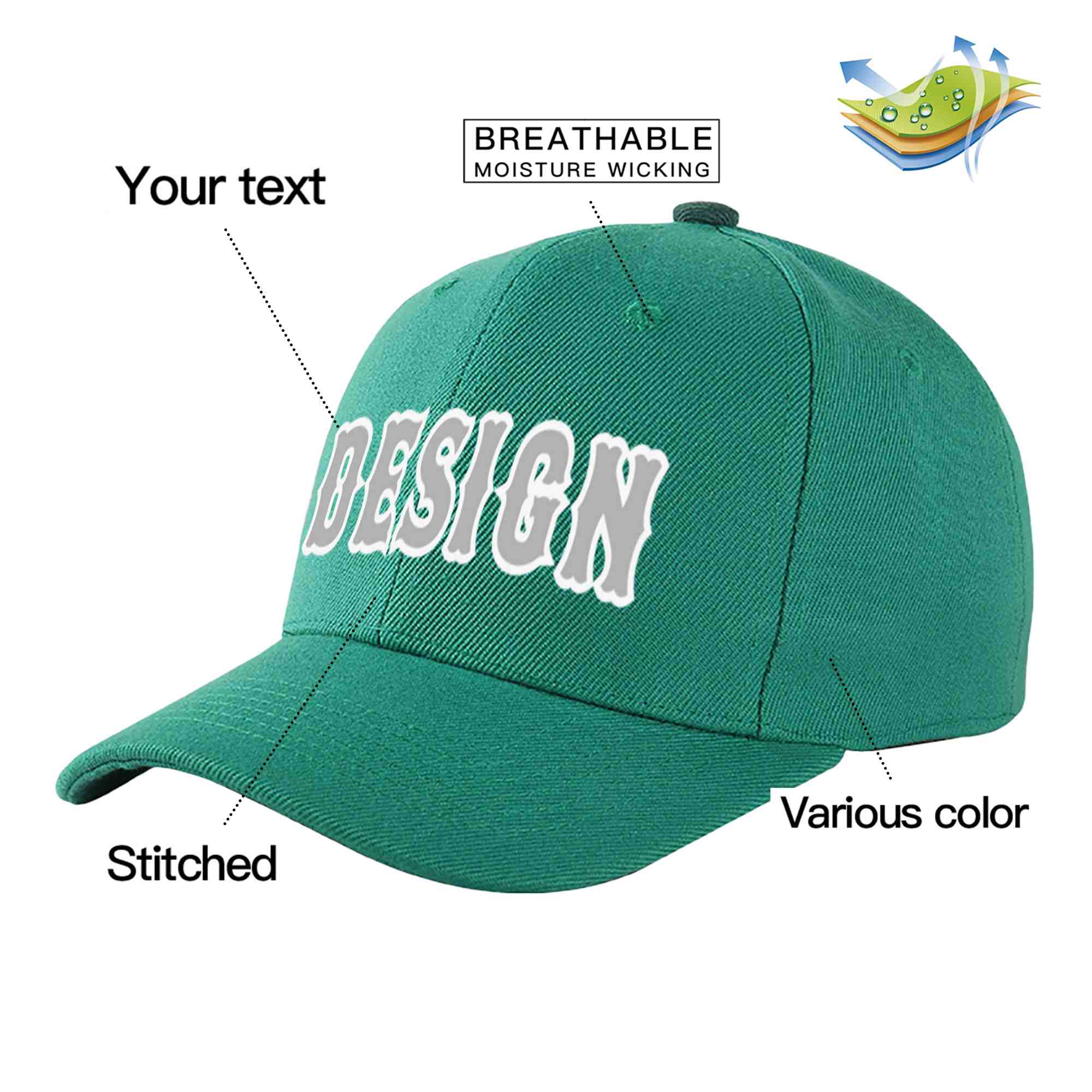 Custom Light Green White-Gray Curved Eaves Sport Design Baseball Cap