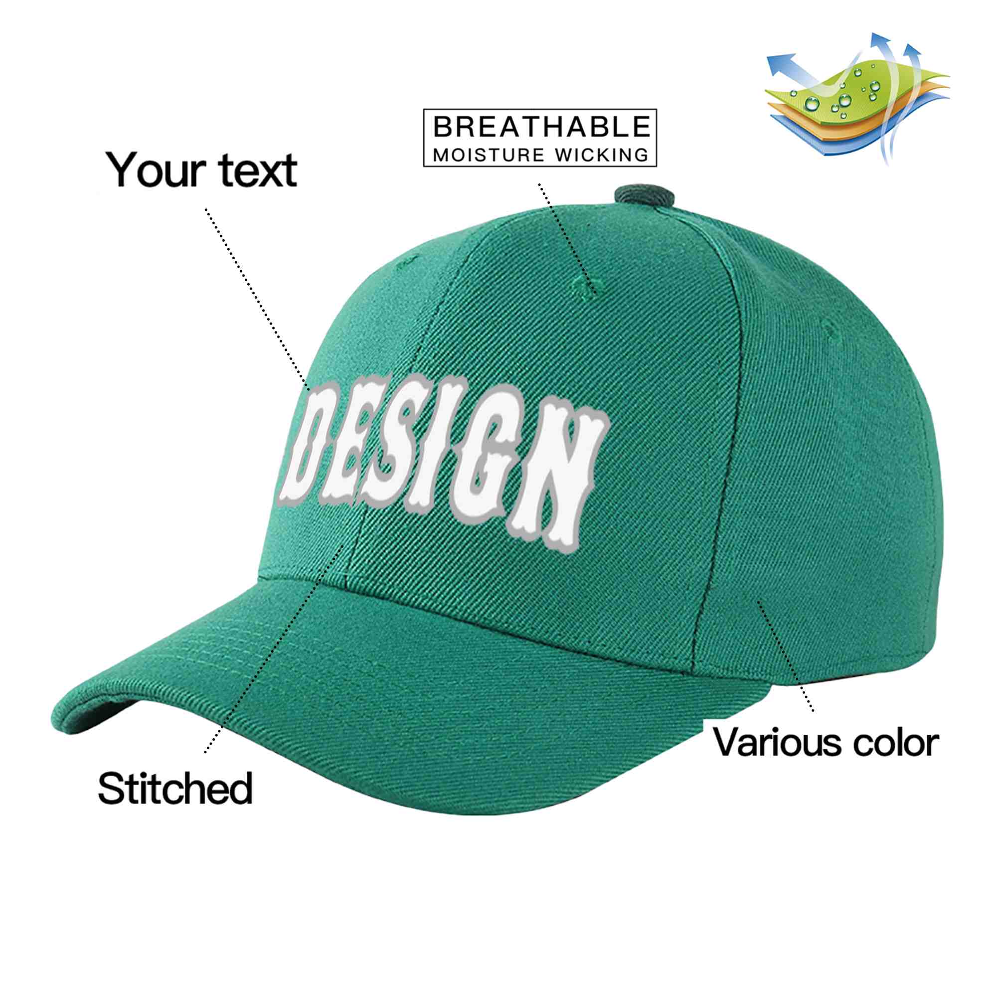 Custom Light Green Gray-White Curved Eaves Sport Design Baseball Cap