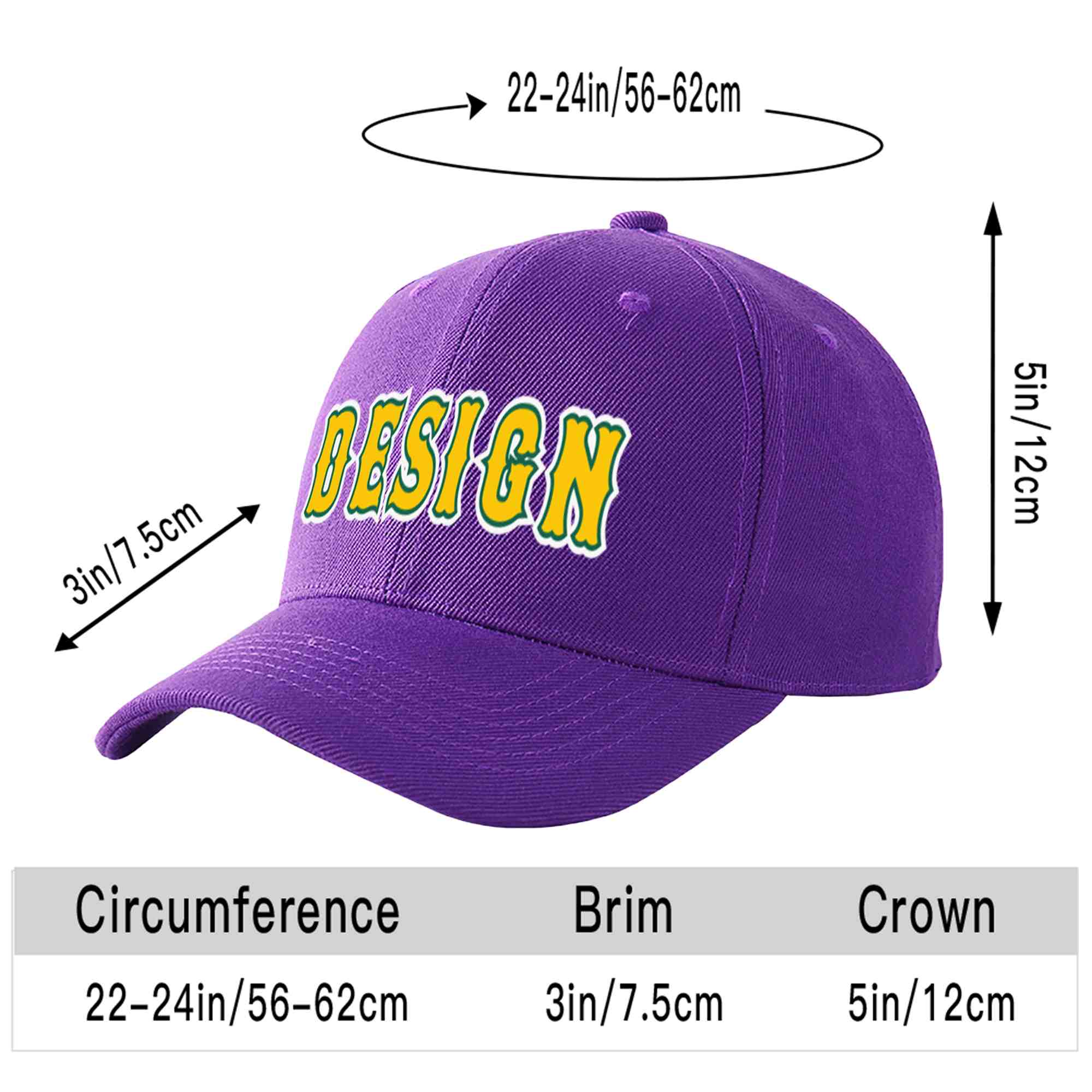 Custom Purple Gold-Kelly Green Curved Eaves Sport Design Baseball Cap