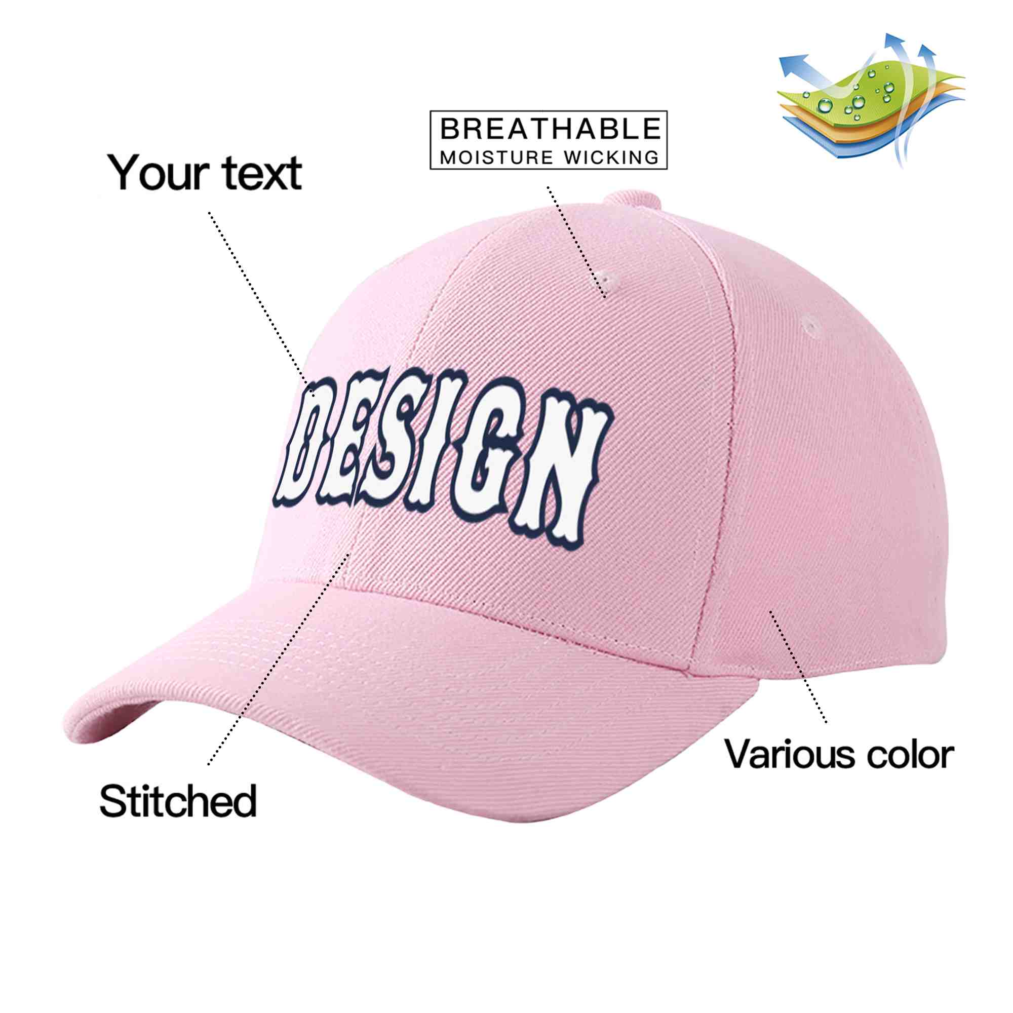 Casquette de baseball personnalisée rose, blanc et bleu marine avec avant-toit incurvé et design sportif