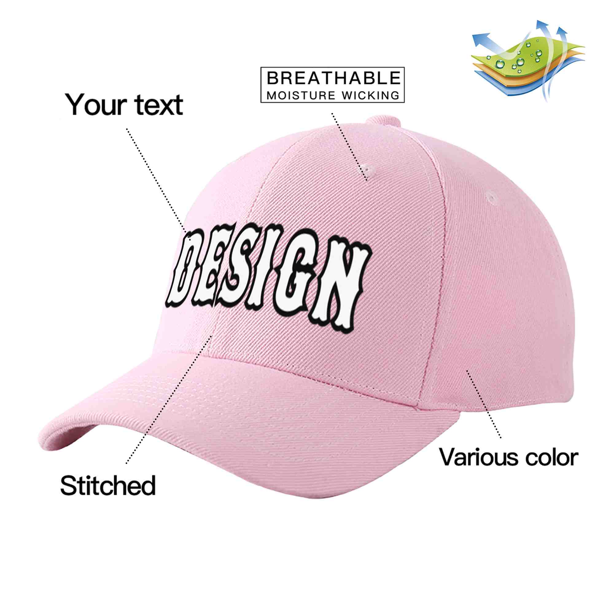 Custom Pink White-Black Curved Eaves Sport Design Baseball Cap