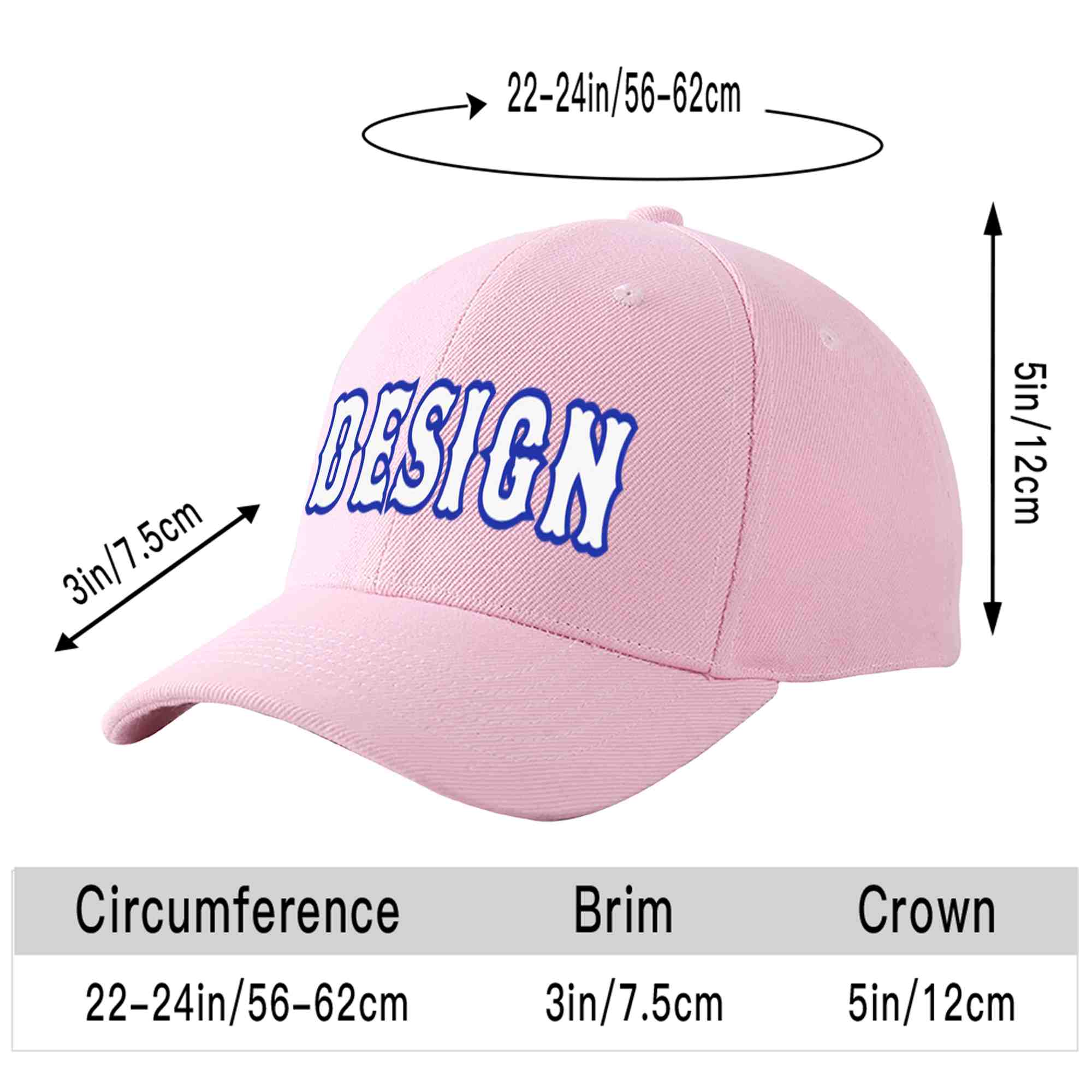 Casquette de baseball personnalisée rose, blanche et royale avec avant-toit incurvé et design sportif