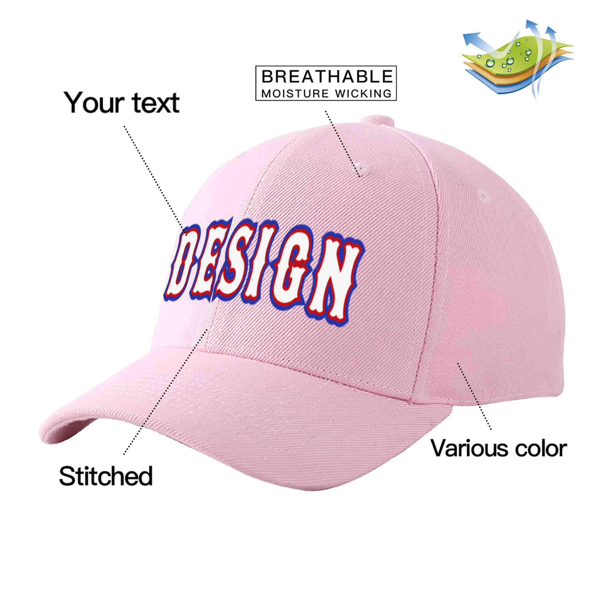 Casquette de baseball personnalisée rose, blanche et rouge avec avant-toit incurvé et design sportif