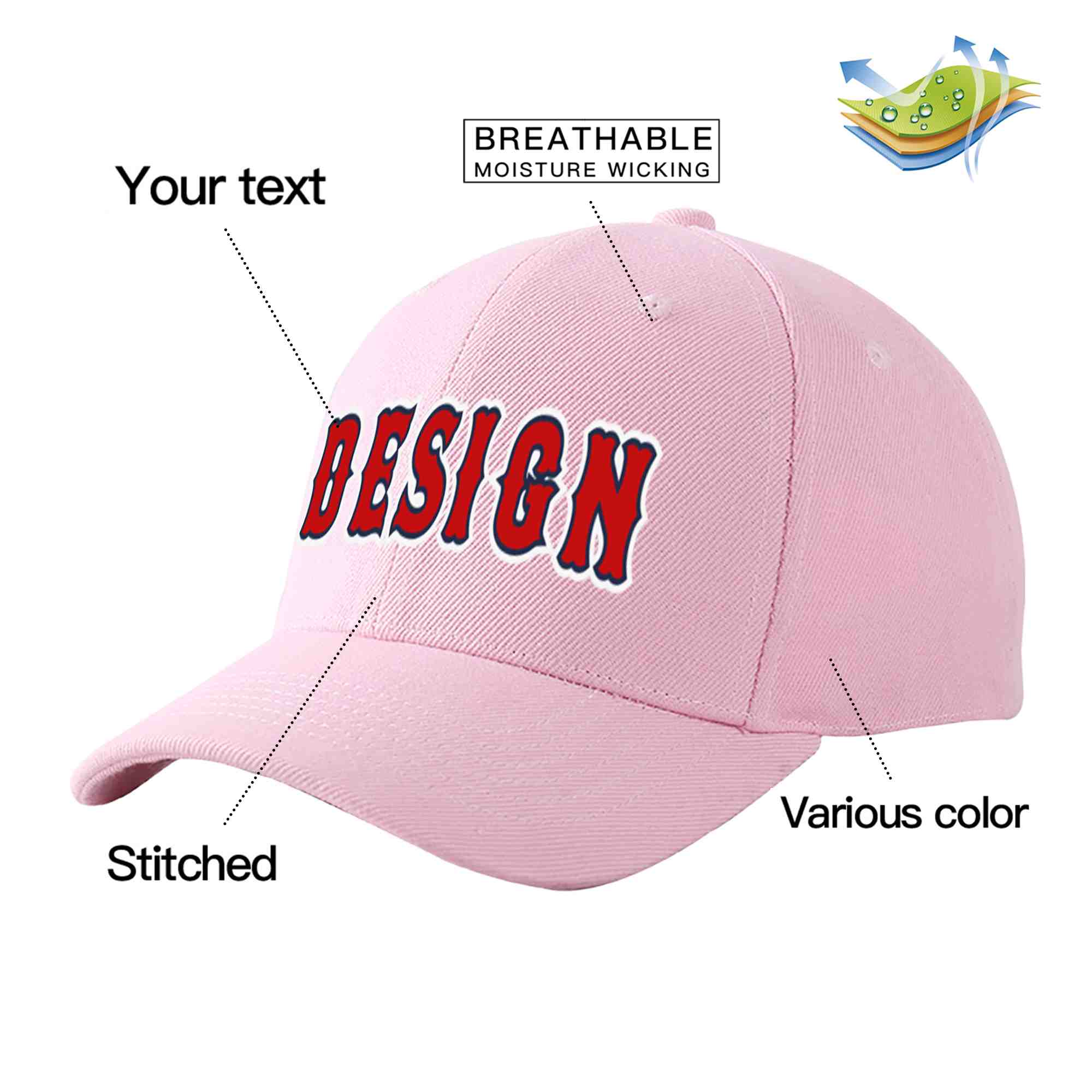 Casquette de baseball personnalisée rose rouge-bleu marine avec design sportif incurvé