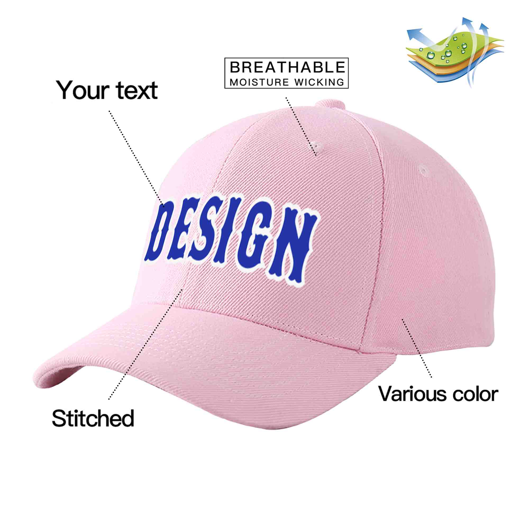 Casquette de baseball personnalisée rose royal-blanc avec avant-toit incurvé et design sportif