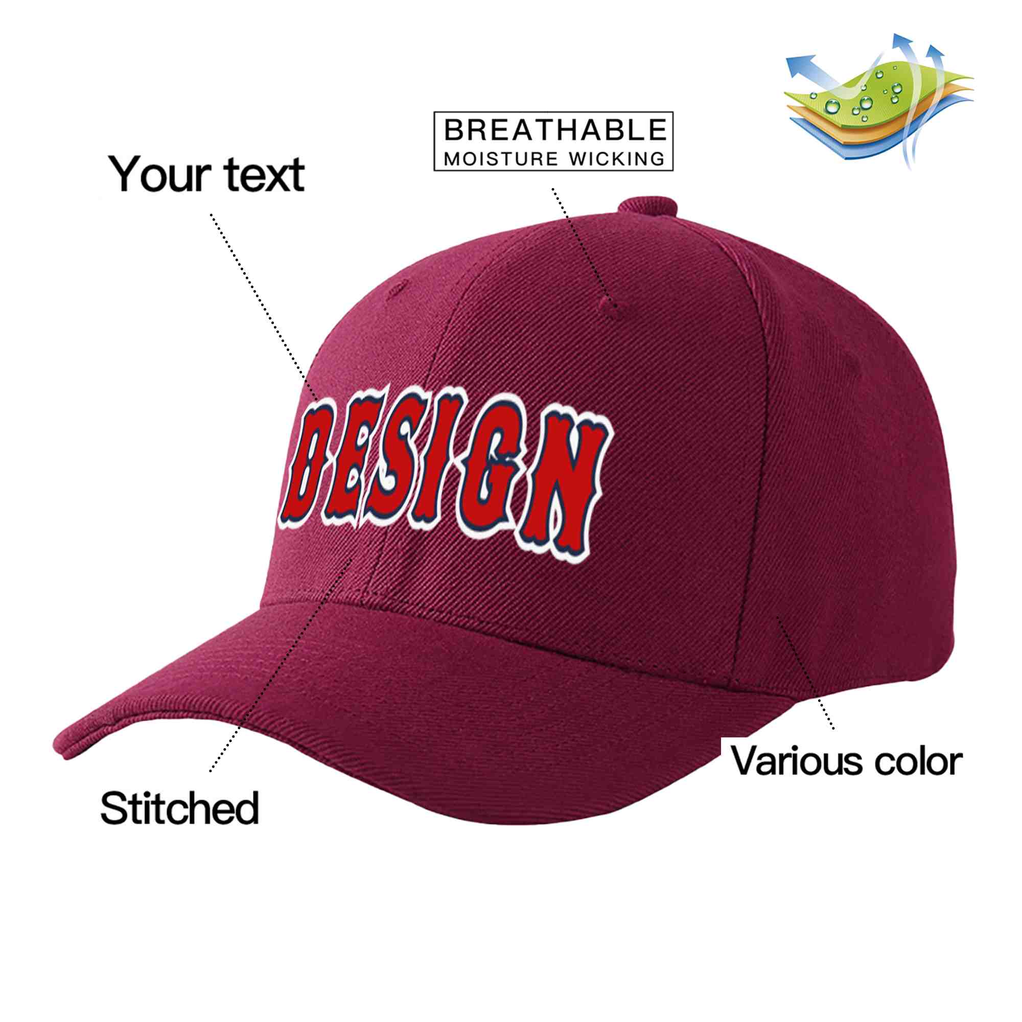 Casquette de baseball personnalisée avec avant-toit incurvé, vin rouge et marine, design sportif