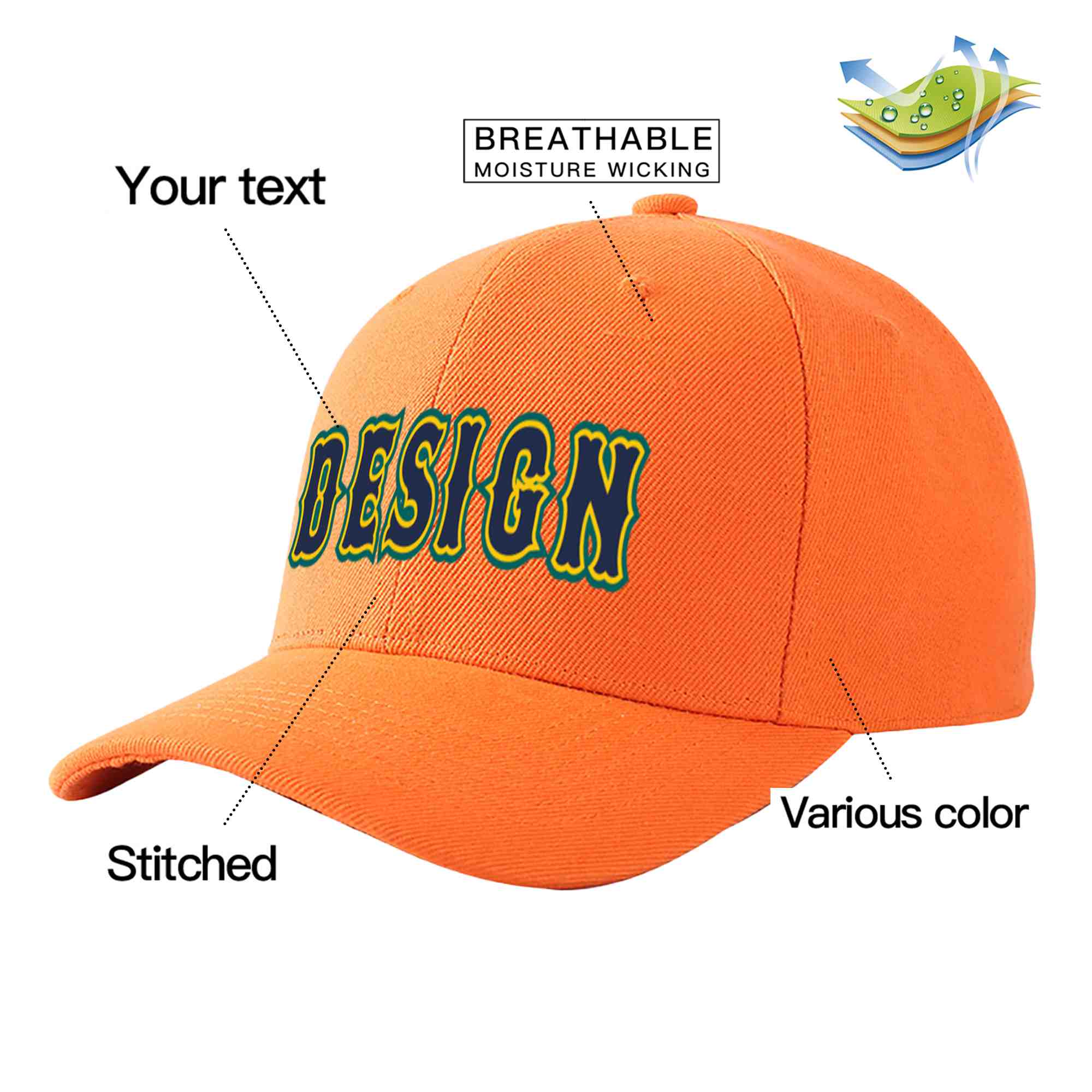 Custom Orange Navy-Gold Curved Eaves Sport Design Baseball Cap