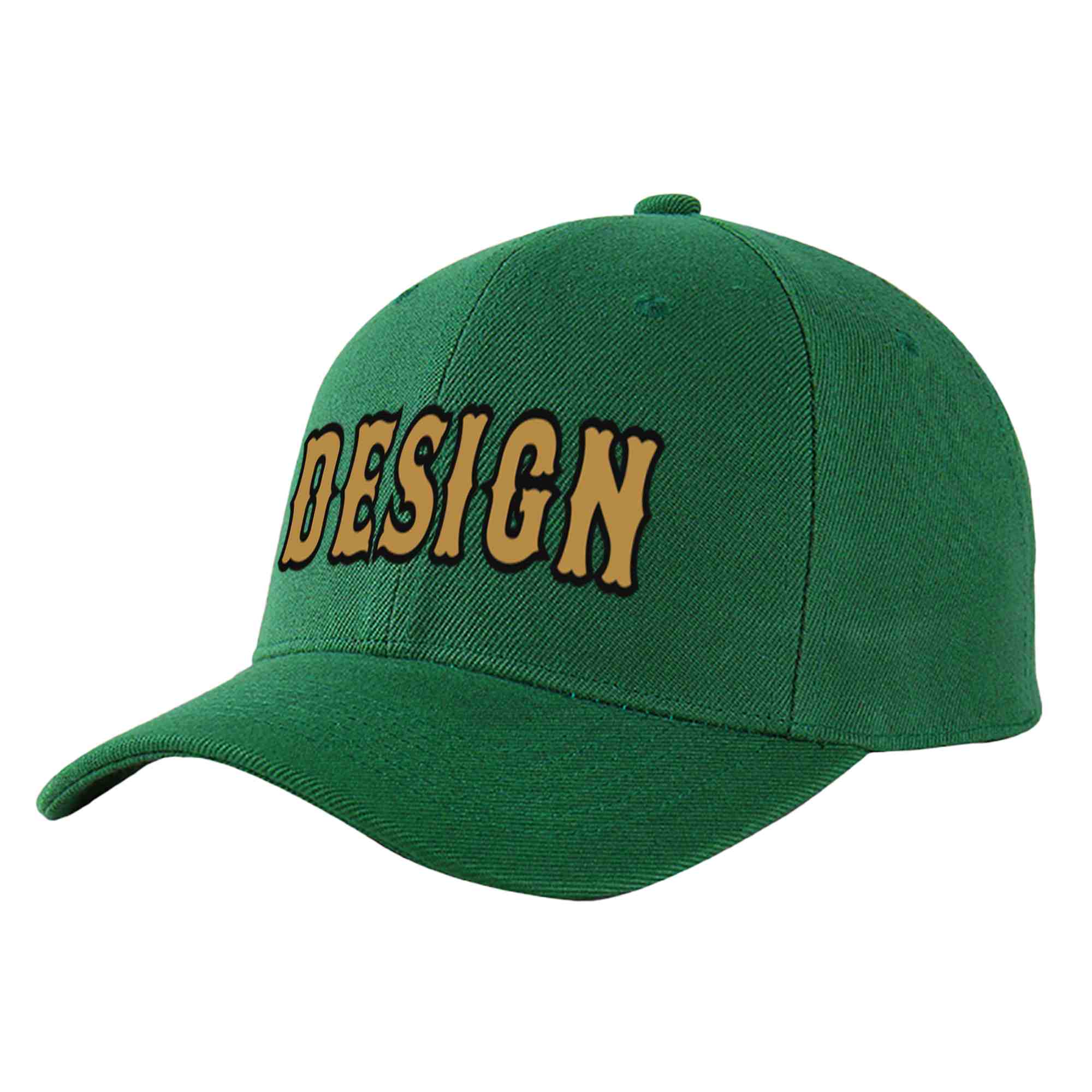 Casquette de baseball personnalisée verte, vieux or et noir, design sportif, avec avant-toit incurvé