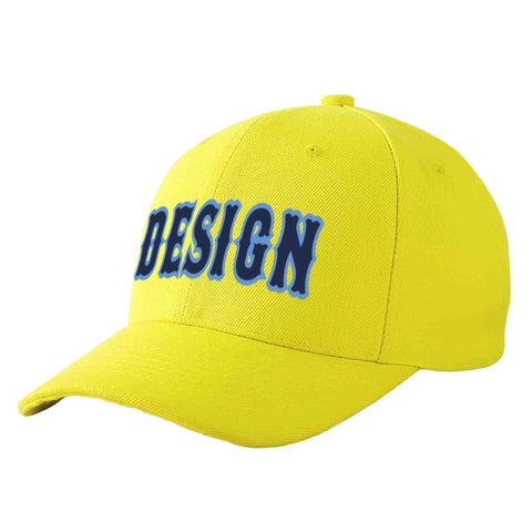 Custom Yellow Navy-Light Blue Curved Eaves Sport Design Baseball Cap