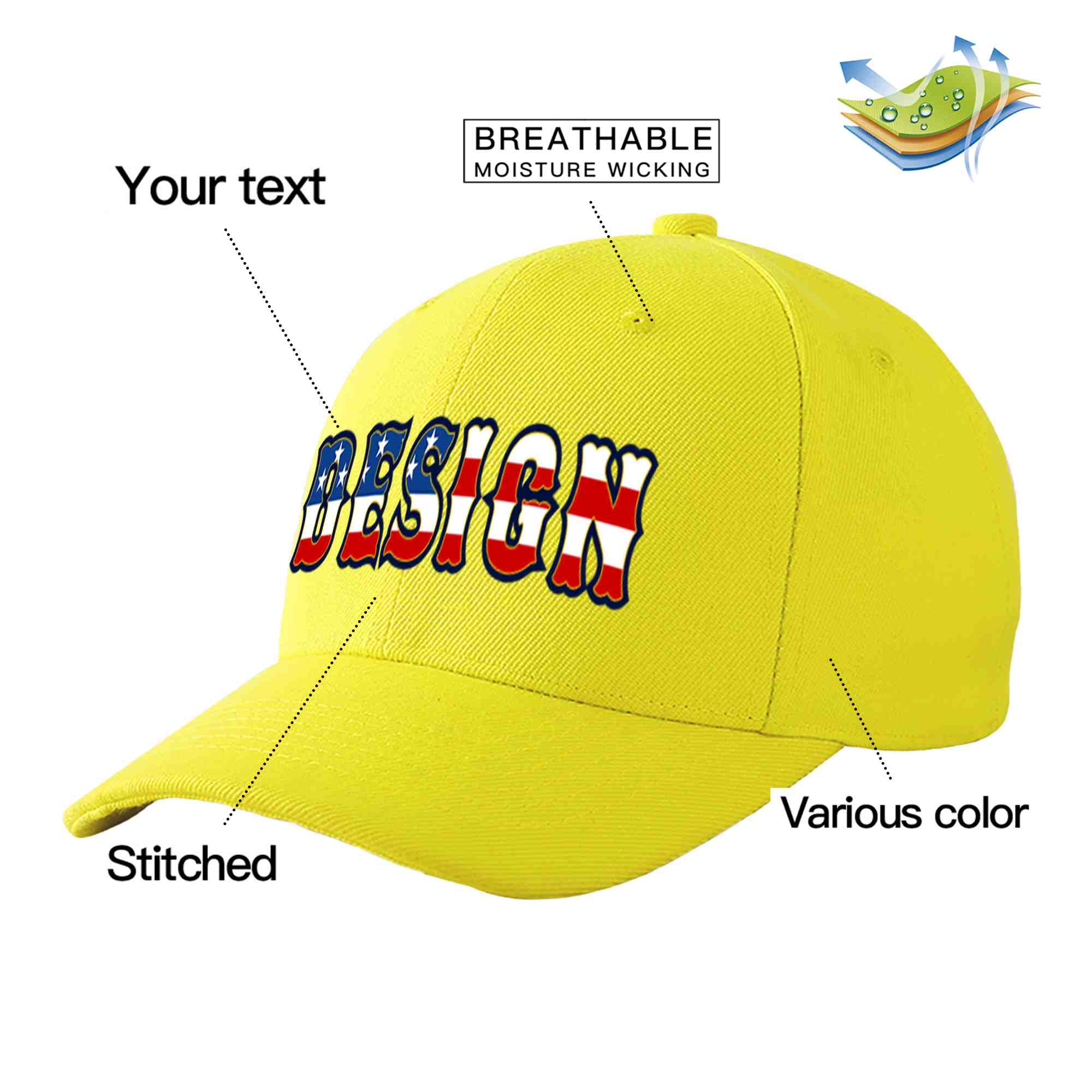 Casquette de baseball personnalisée avec drapeau américain vintage jaune et or avec avant-toit incurvé et design sportif