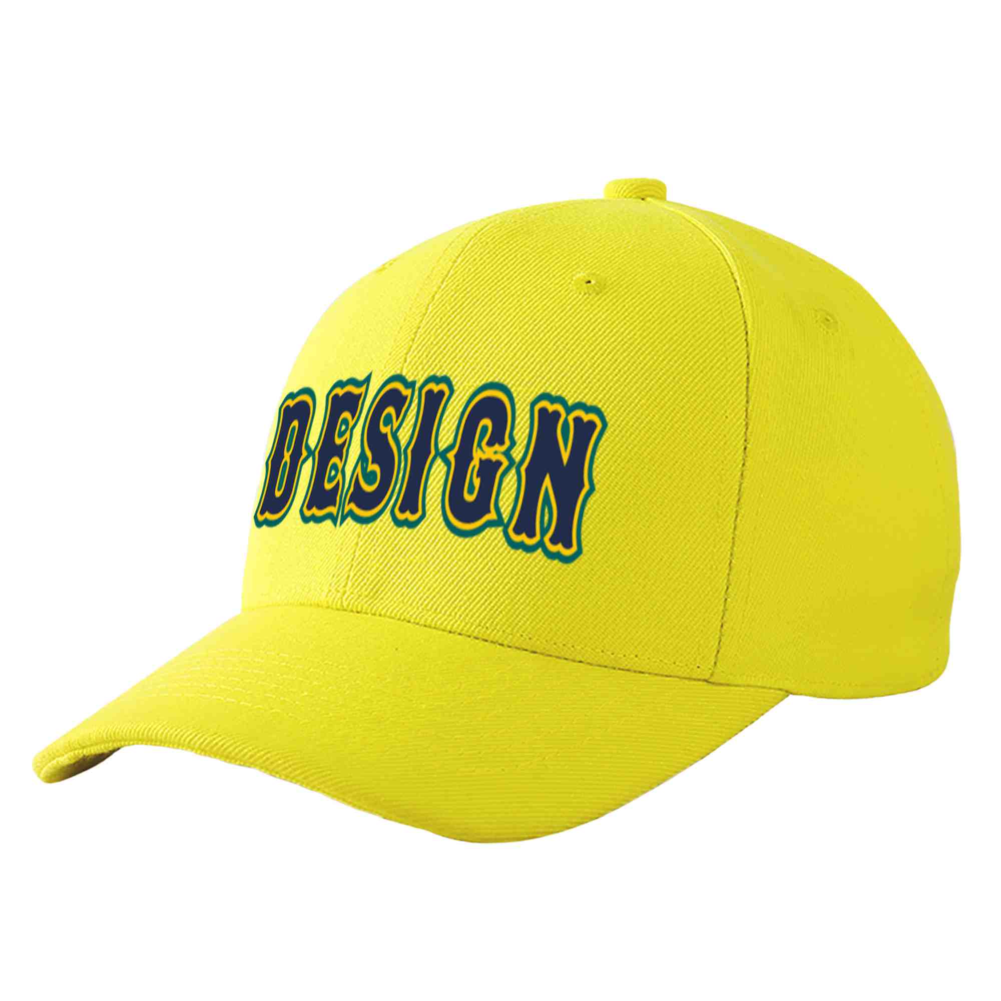 Custom Yellow Navy-Gold Curved Eaves Sport Design Baseball Cap