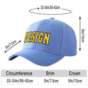 Custom Sky Blue Gold-Navy Curved Eaves Sport Design Baseball Cap