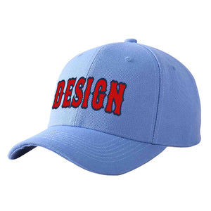 Custom Sky Blue Red-Navy Curved Eaves Sport Design Baseball Cap