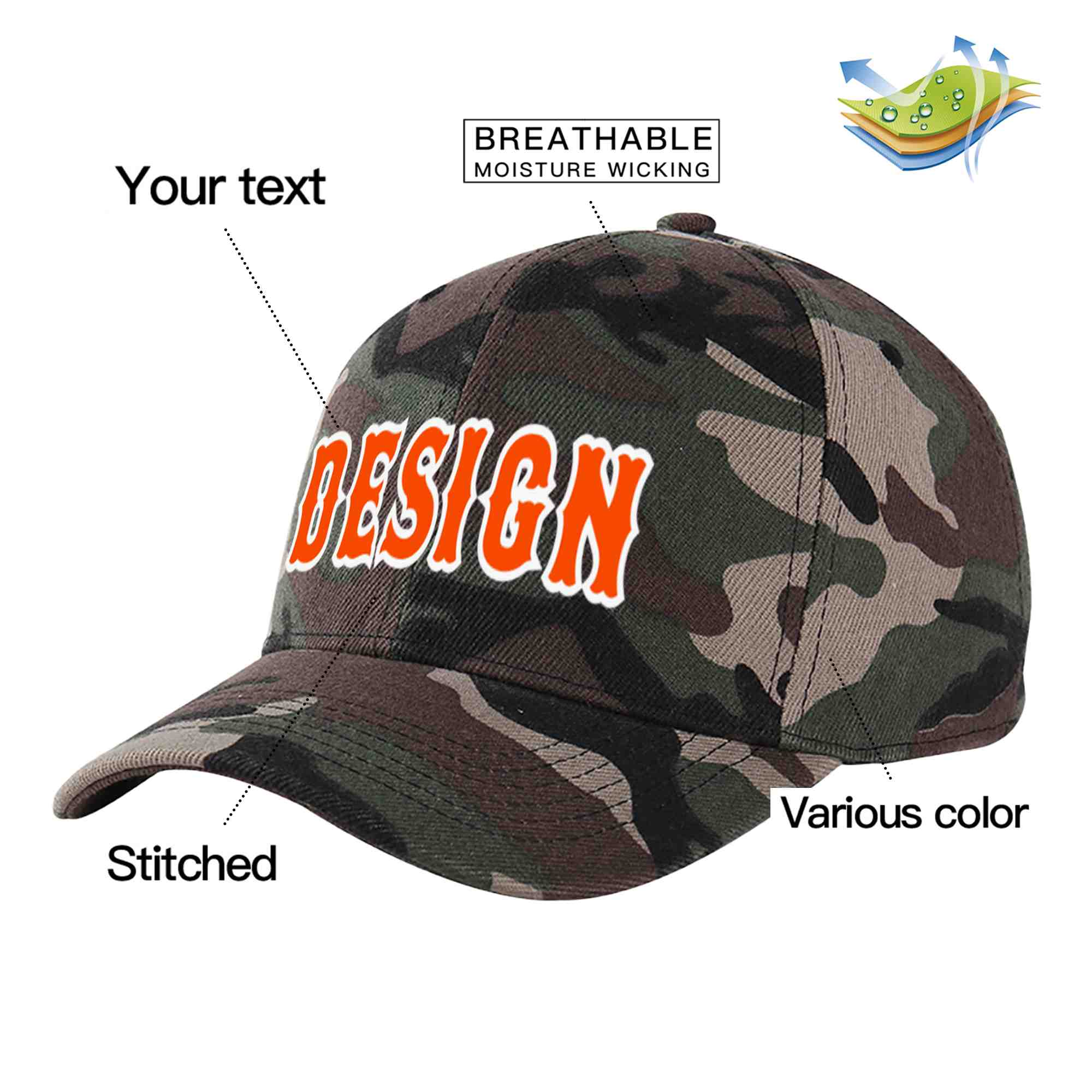 Custom Camo Orange-White Curved Eaves Sport Design Baseball Cap