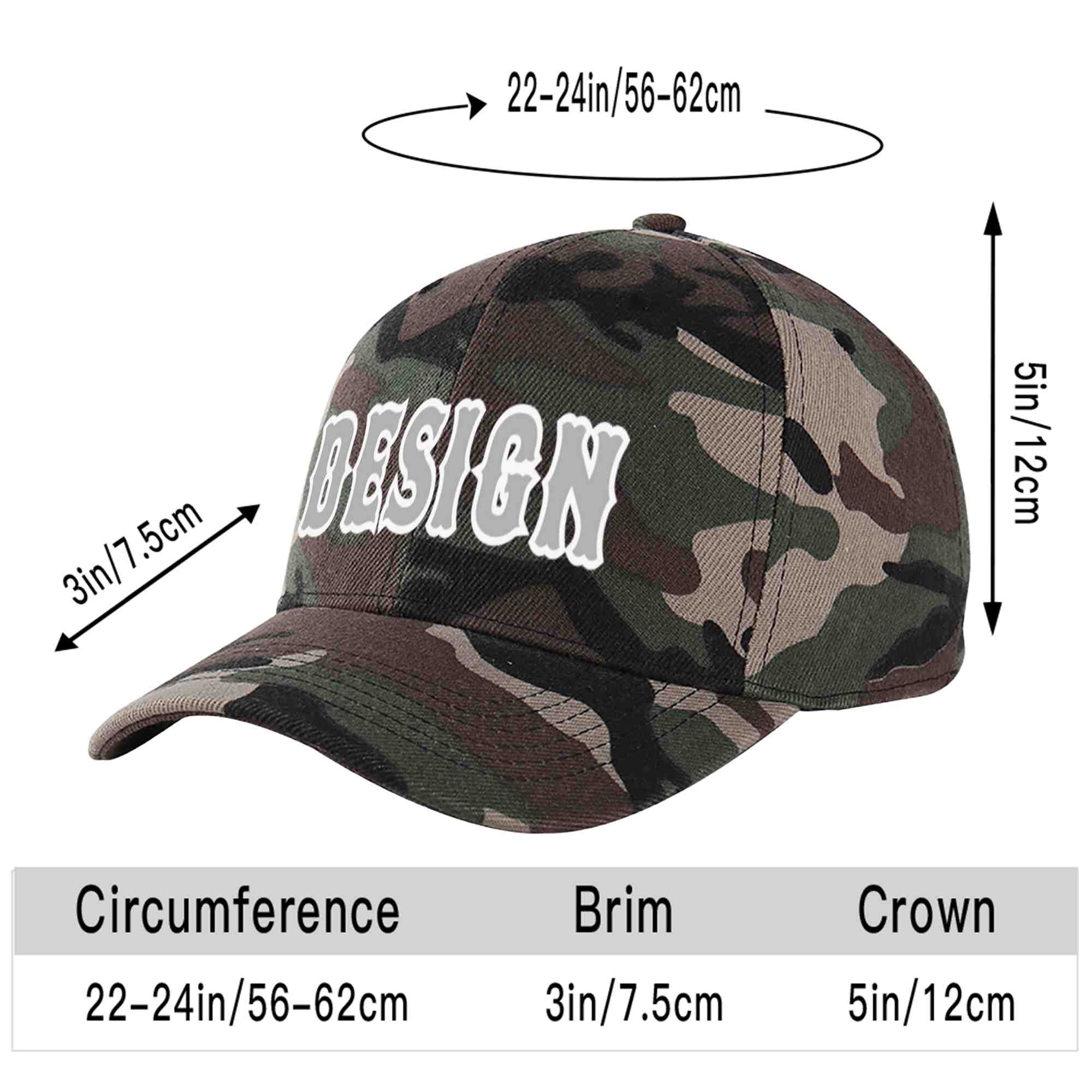 Custom Camo Gray-White Curved Eaves Sport Design Baseball Cap