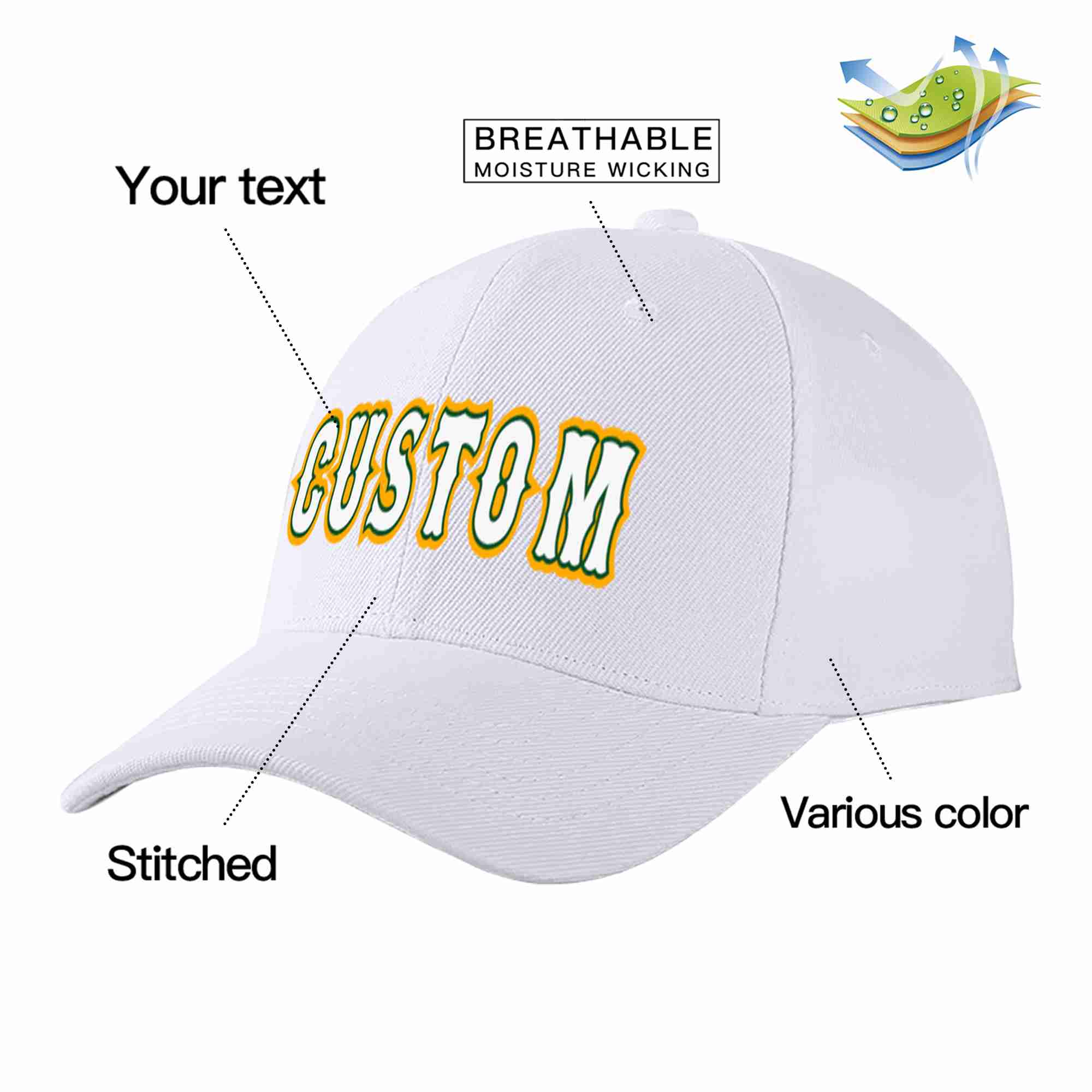 Conception personnalisée de casquette de baseball de sport incurvée blanc-vert Kelly pour hommes/femmes/jeunes