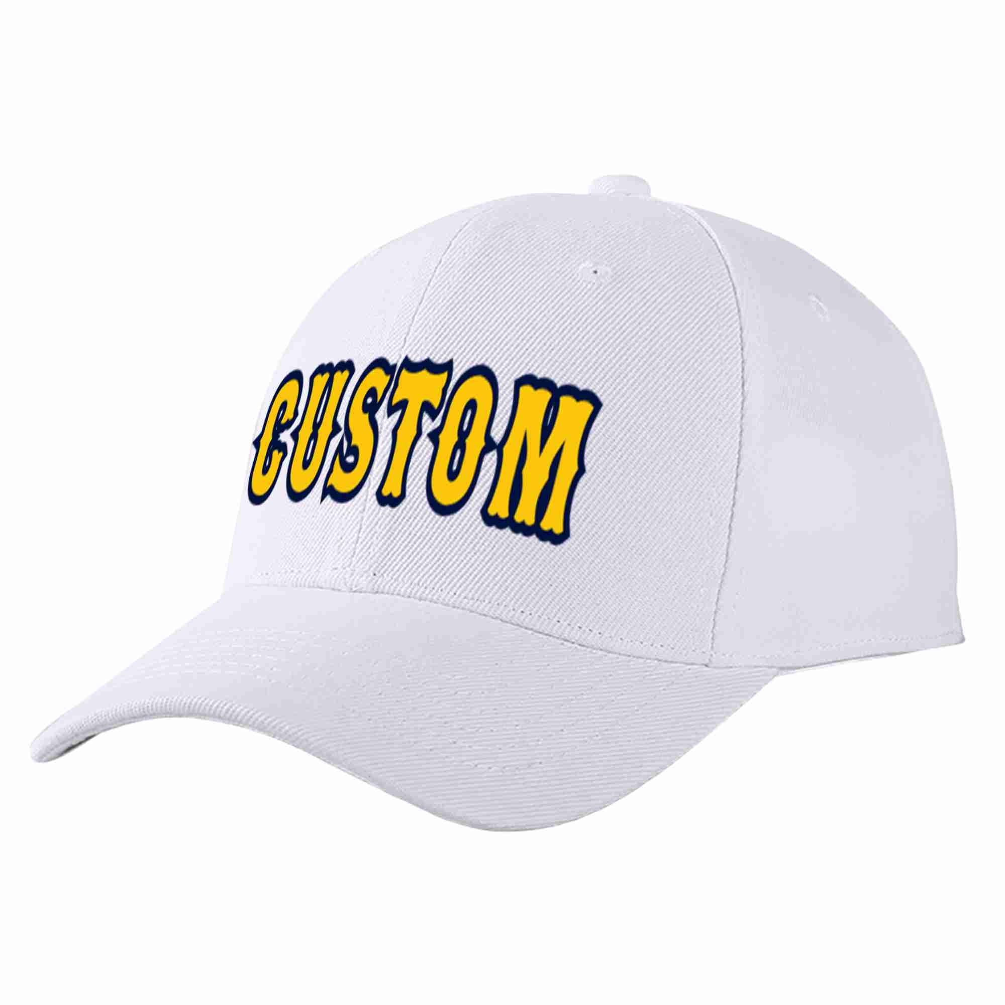 Custom White Yellow-Navy Curved Eaves Sport Baseball Cap Design for Men/Women/Youth