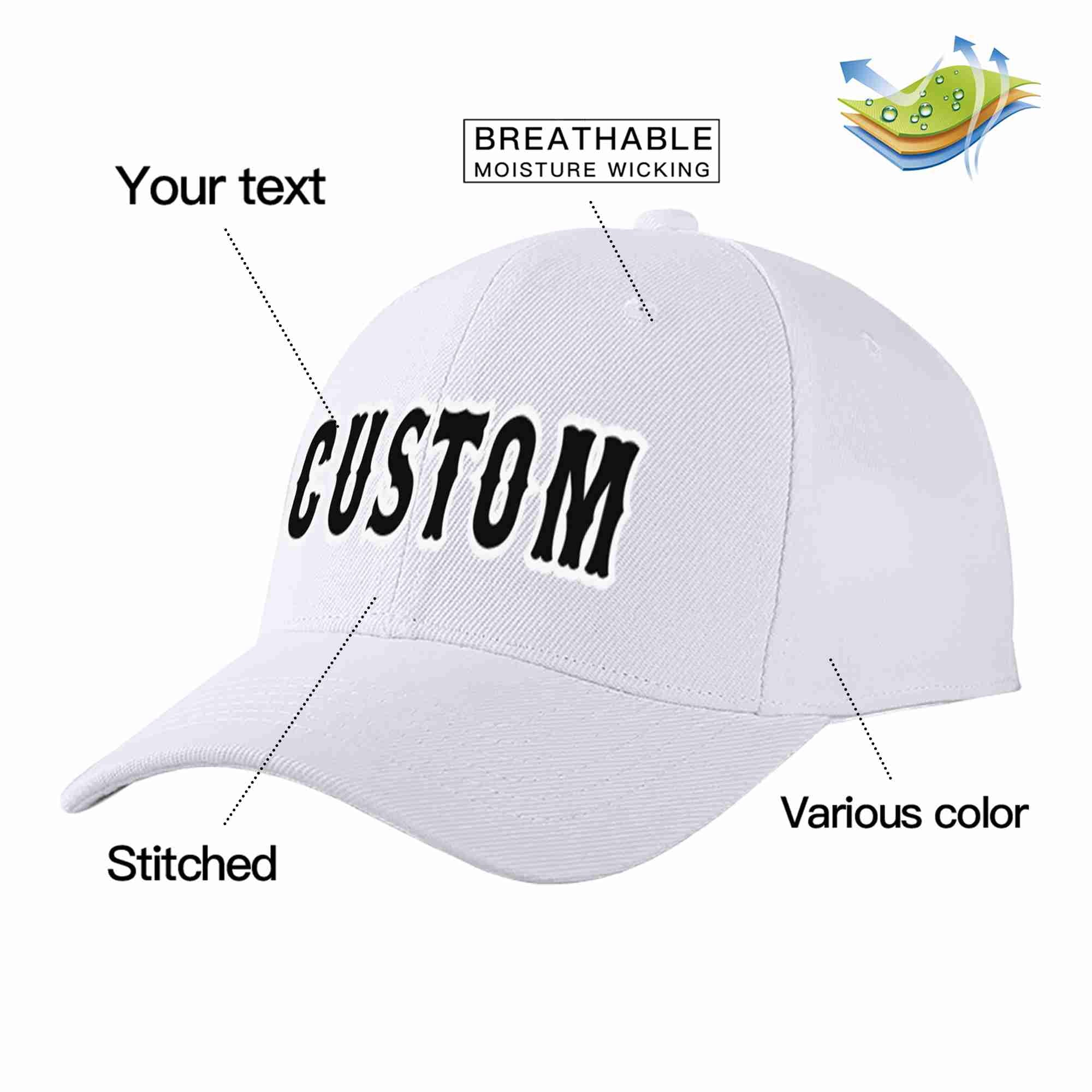 Custom White Black-White Curved Eaves Sport Baseball Cap Design for Men/Women/Youth