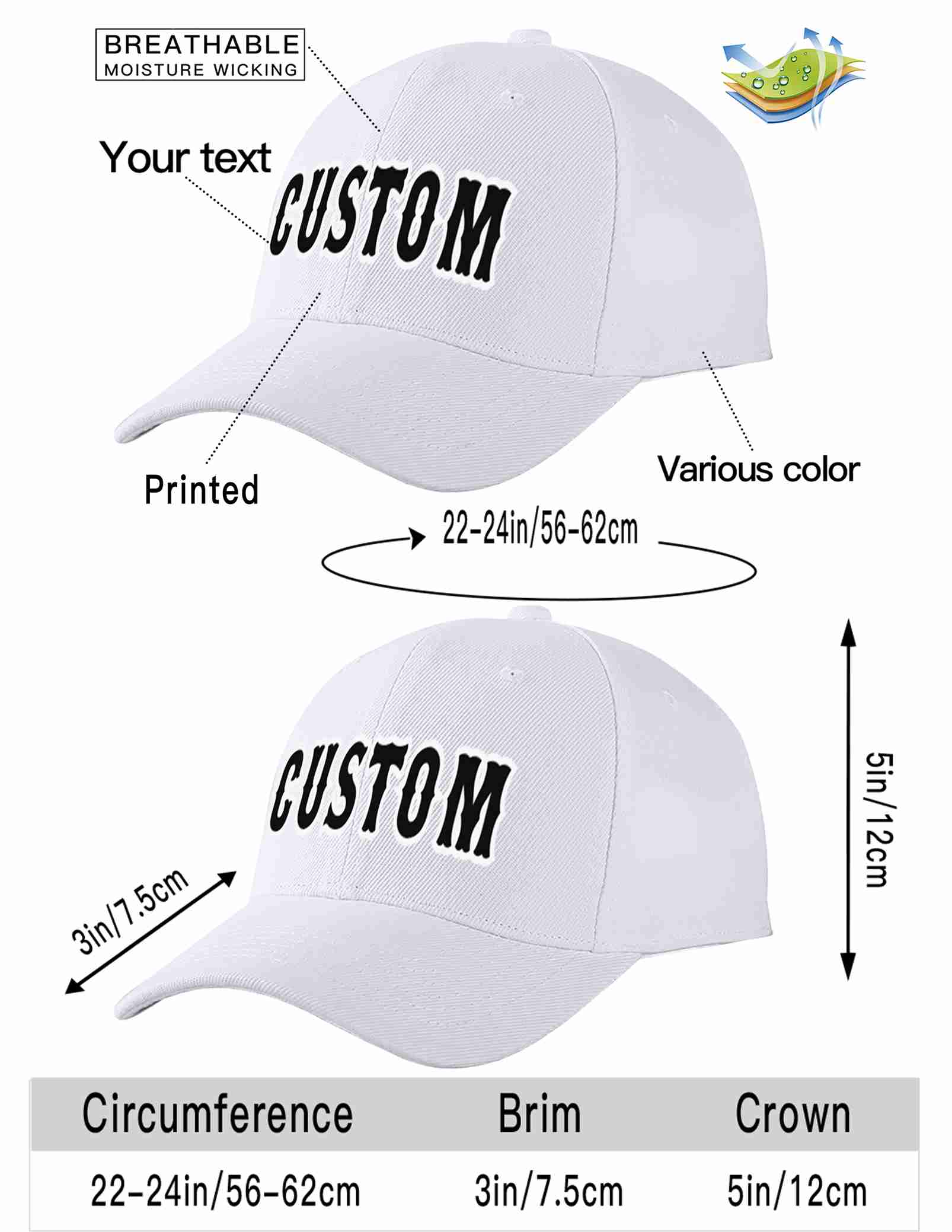 Custom White Black-White Curved Eaves Sport Baseball Cap Design for Men/Women/Youth