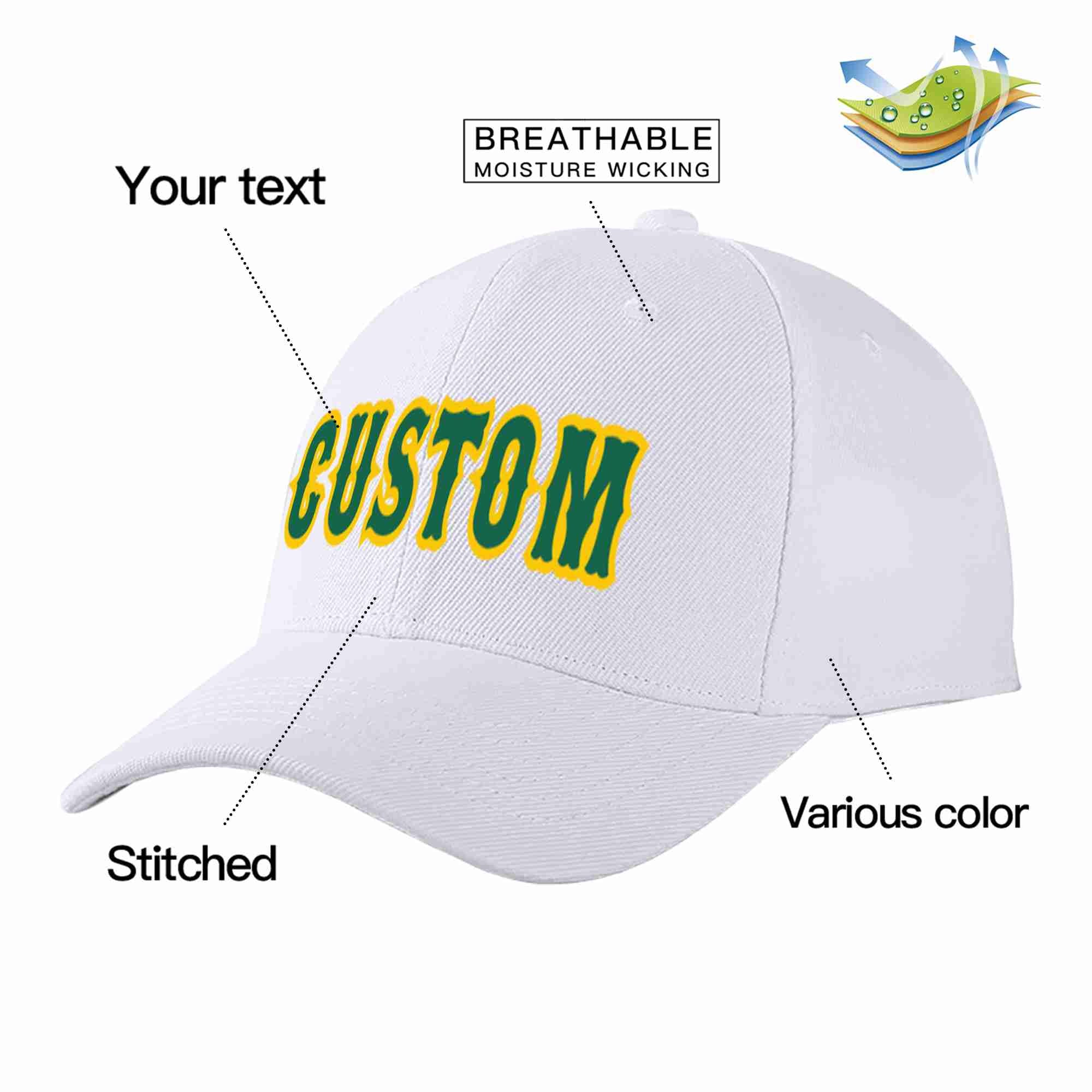 Custom White Kelly Green-Yellow Curved Eaves Sport Baseball Cap Design for Men/Women/Youth