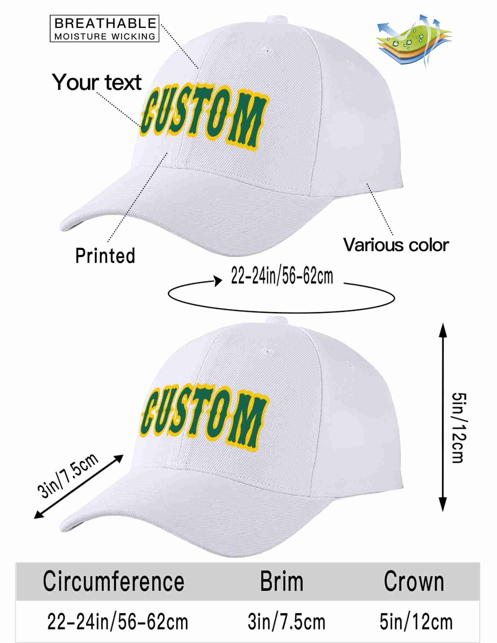 Custom White Kelly Green-Yellow Curved Eaves Sport Baseball Cap Design for Men/Women/Youth