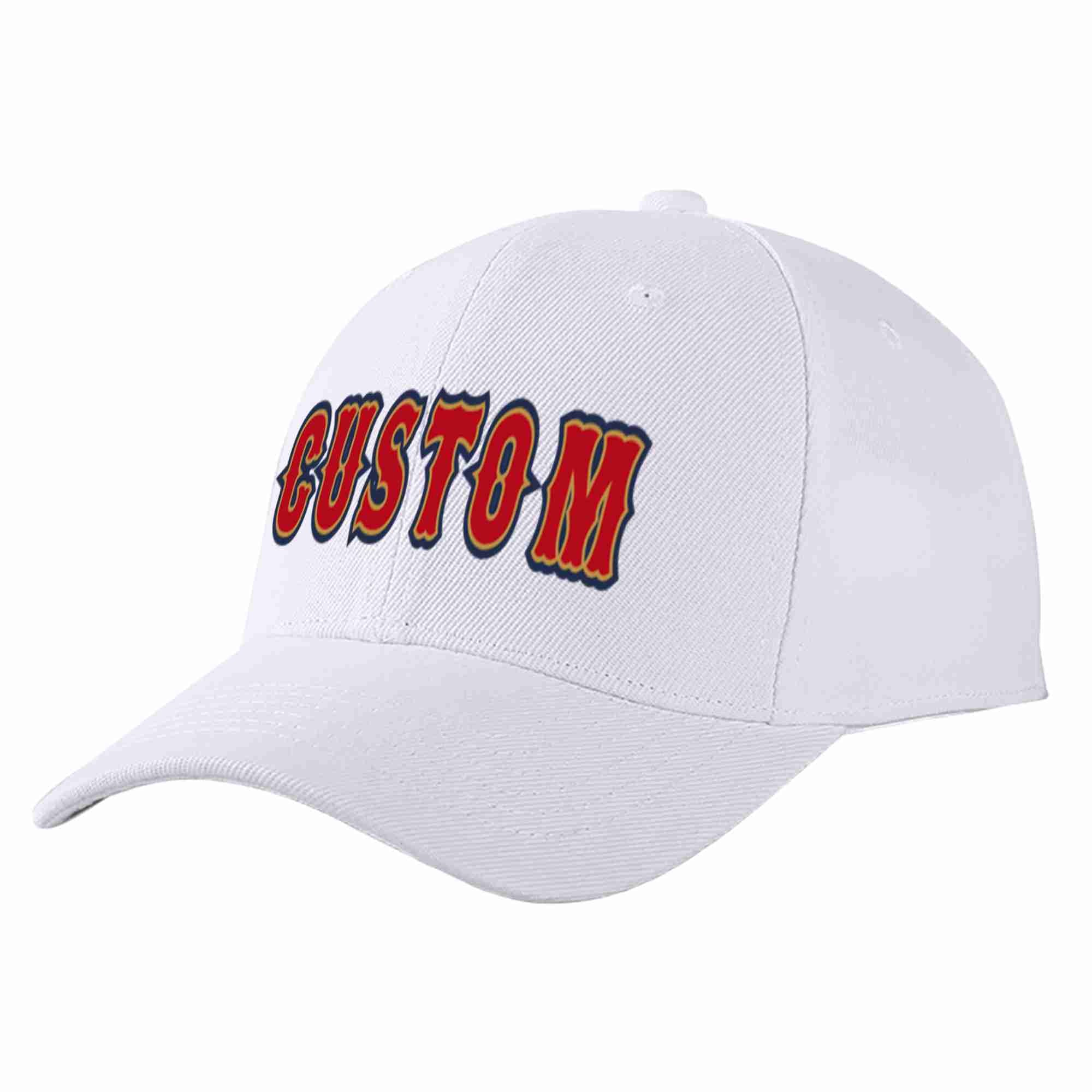 Conception personnalisée de casquette de baseball de sport à avant-toit incurvé blanc rouge-vieil or pour hommes/femmes/jeunes