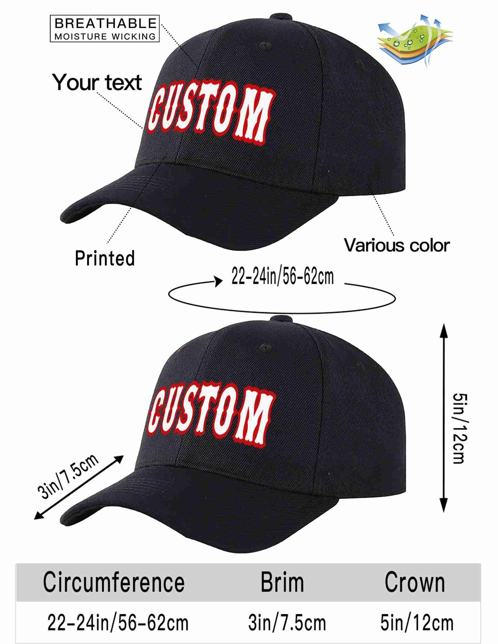 Custom Black White-Red Curved Eaves Sport Baseball Cap Design for Men/Women/Youth