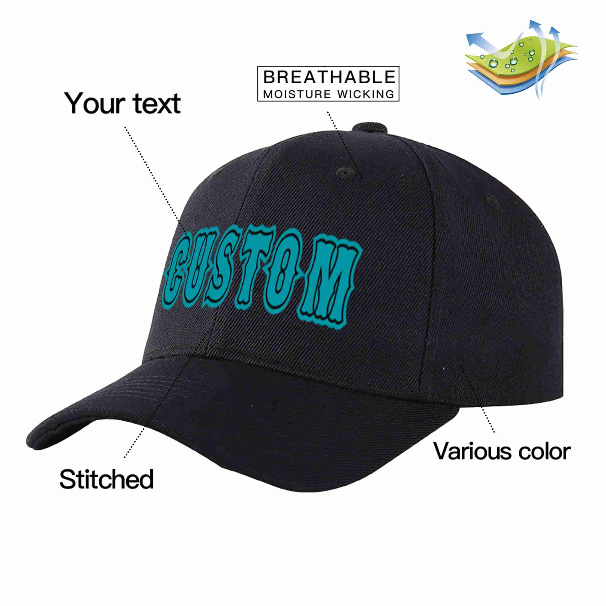 Conception personnalisée de casquette de baseball de sport incurvée noire aqua-noire pour hommes/femmes/jeunes