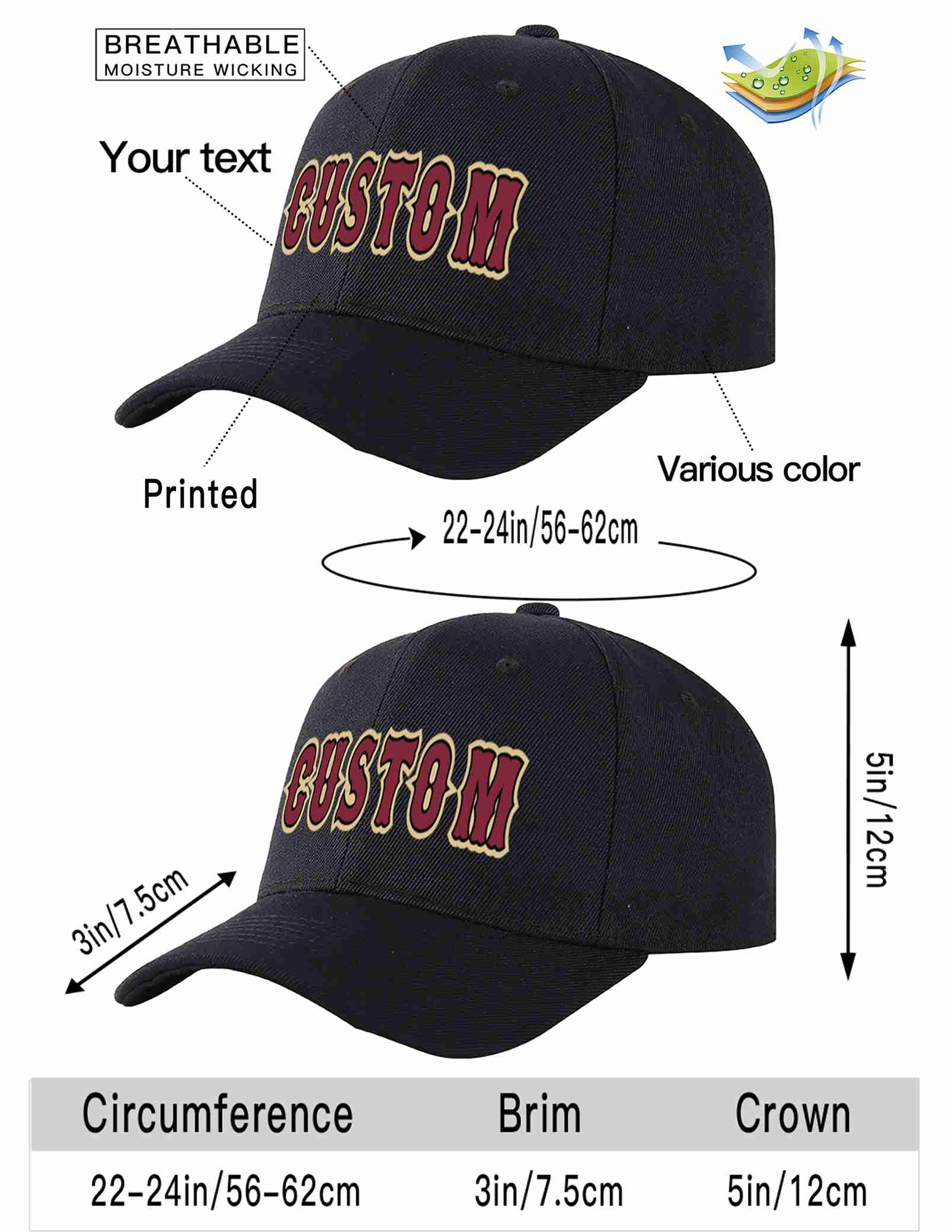 Custom Black Crimson-Black Curved Eaves Sport Baseball Cap Design for Men/Women/Youth