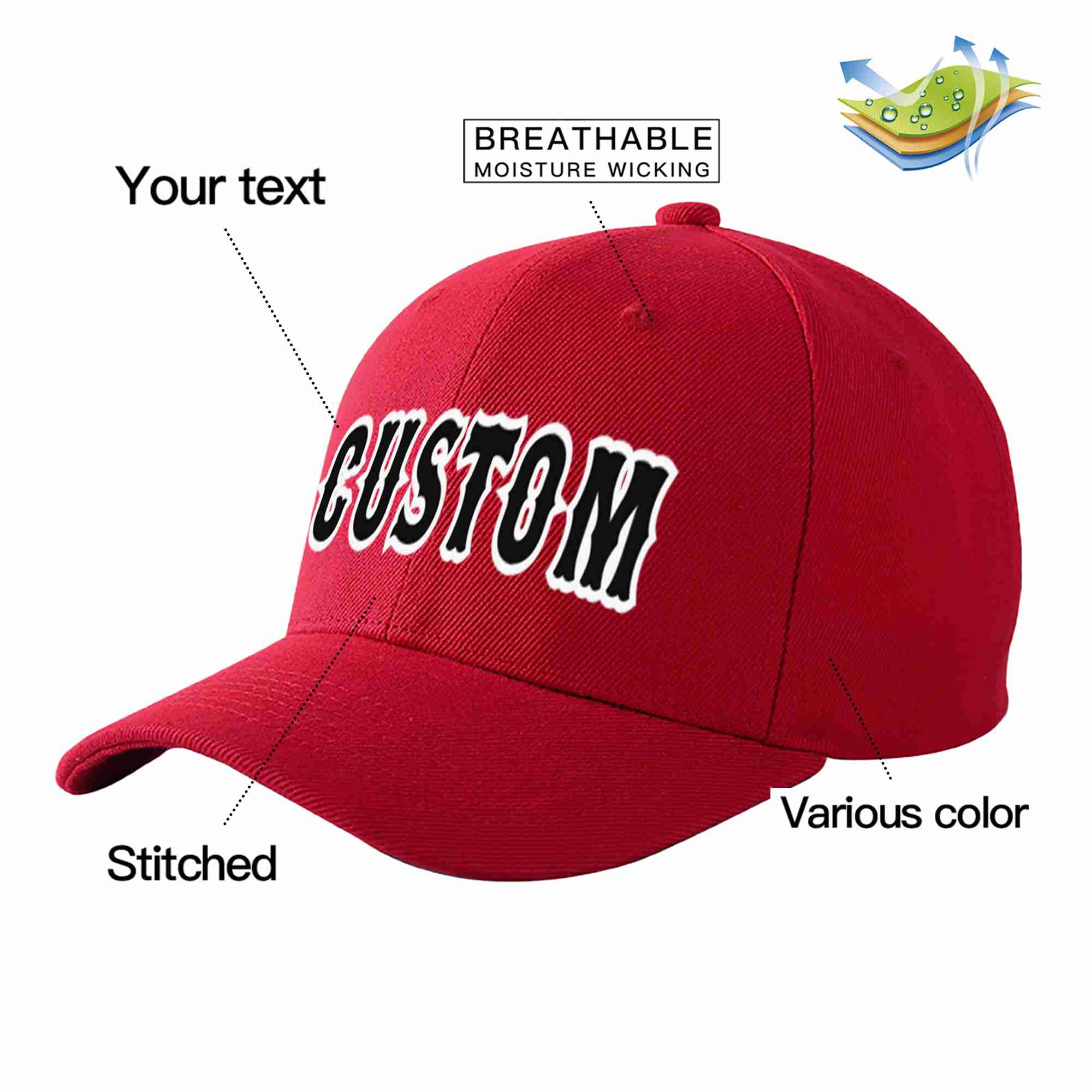 Conception personnalisée de casquette de baseball de sport incurvée rouge noir-blanc pour hommes/femmes/jeunes