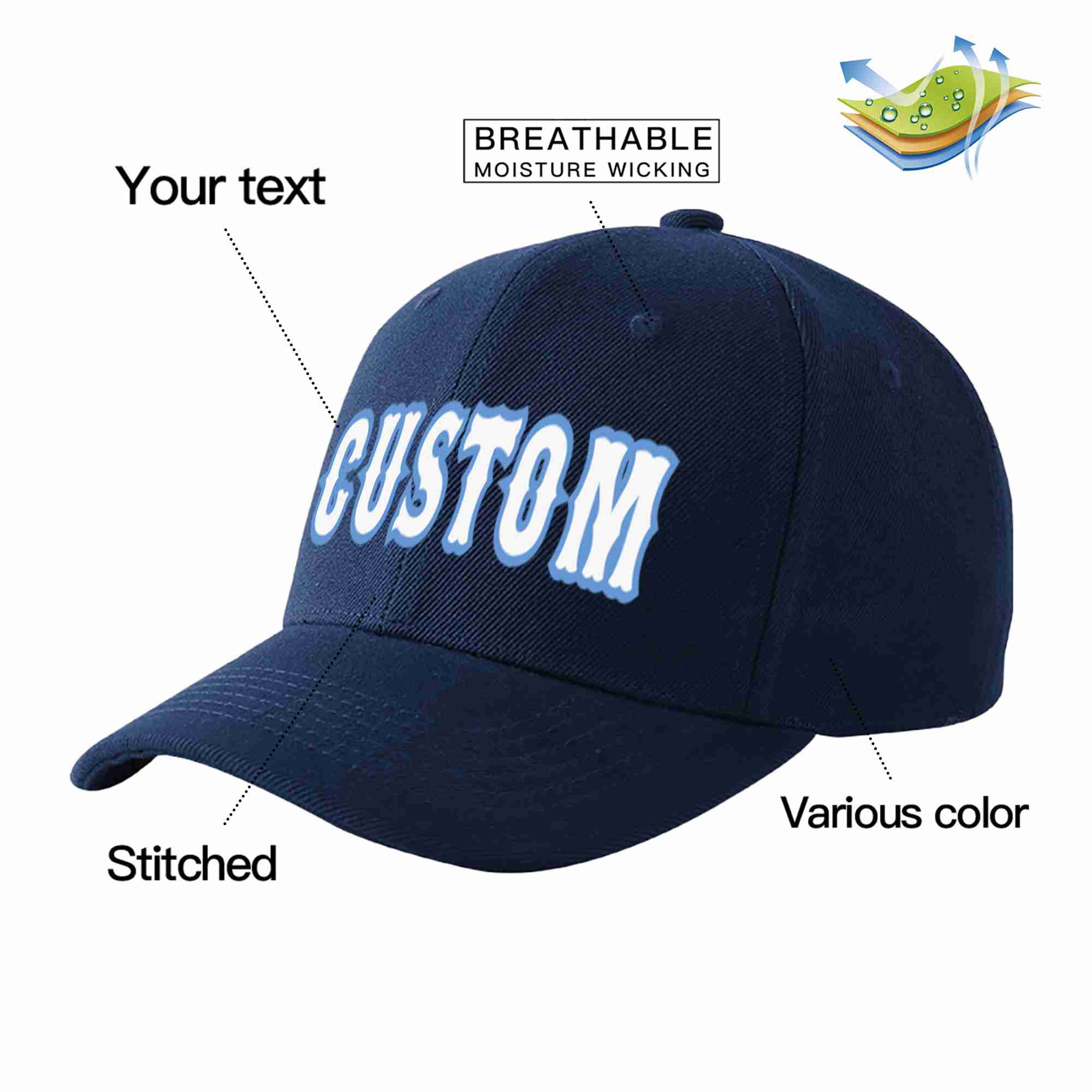 Custom Navy White-Light Blue Curved Eaves Sport Baseball Cap Design for Men/Women/Youth