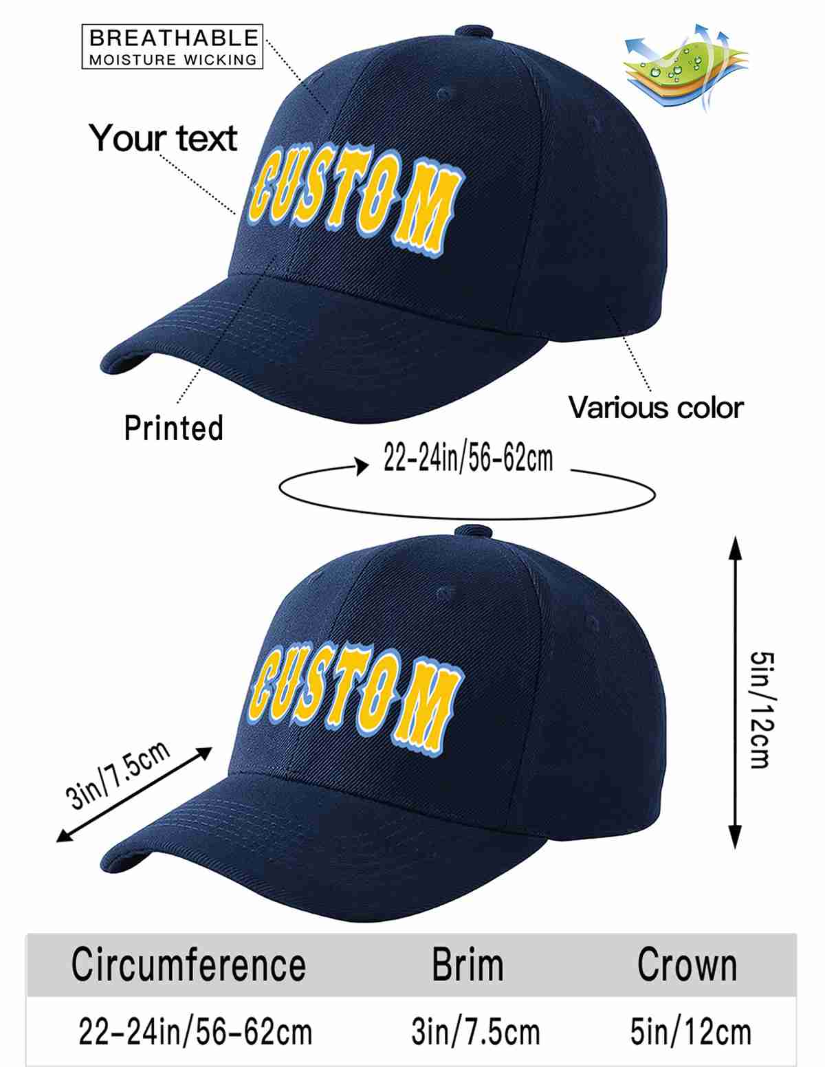 Custom Navy Gold-White Curved Eaves Sport Baseball Cap Design for Men/Women/Youth