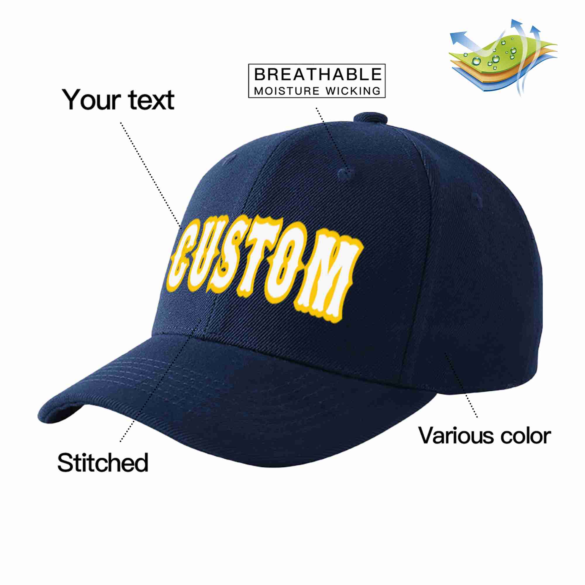 Custom Navy White-Gold Curved Eaves Sport Baseball Cap Design for Men/Women/Youth